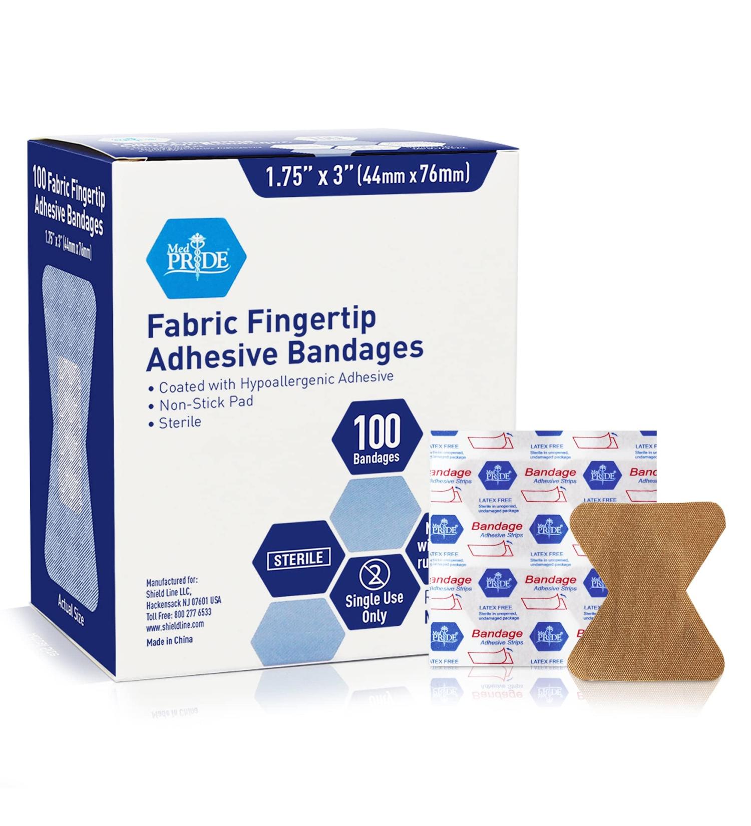 Med Pride Sterile Fabric Fingertip Adhesive Bandages 1.75'' x 3'' 100 Count - Hypoallergenic Latex-Free First Aid Finger Bandages - Individual Wrapped - Buy Online on GoSupps.com