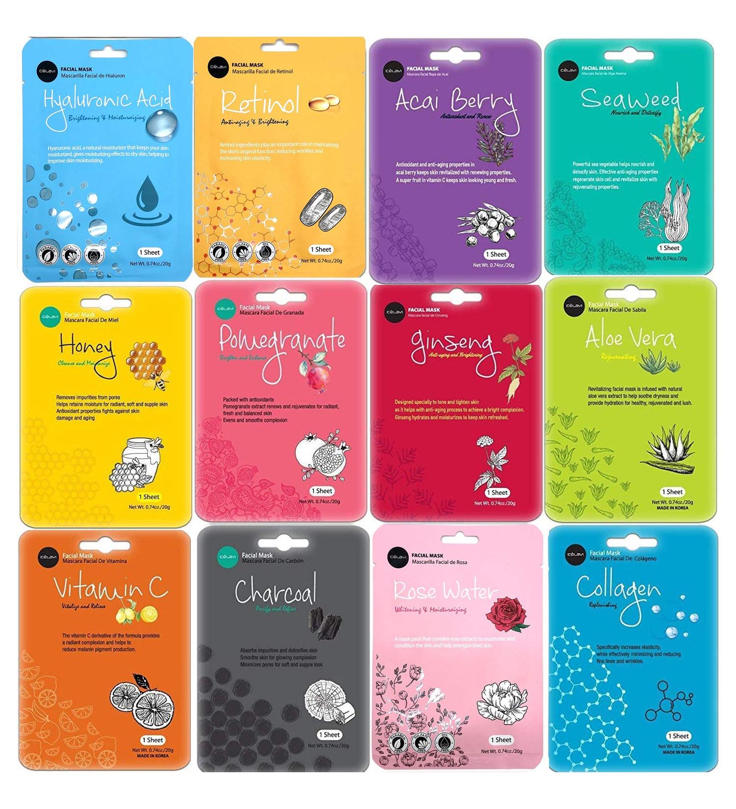Celavi Korean Face Mask Set - 12 Hydrating Sheet Masks with Hyaluronic Acid & Natural Extracts | K-Beauty Skincare - Buy Online on GoSupps.com