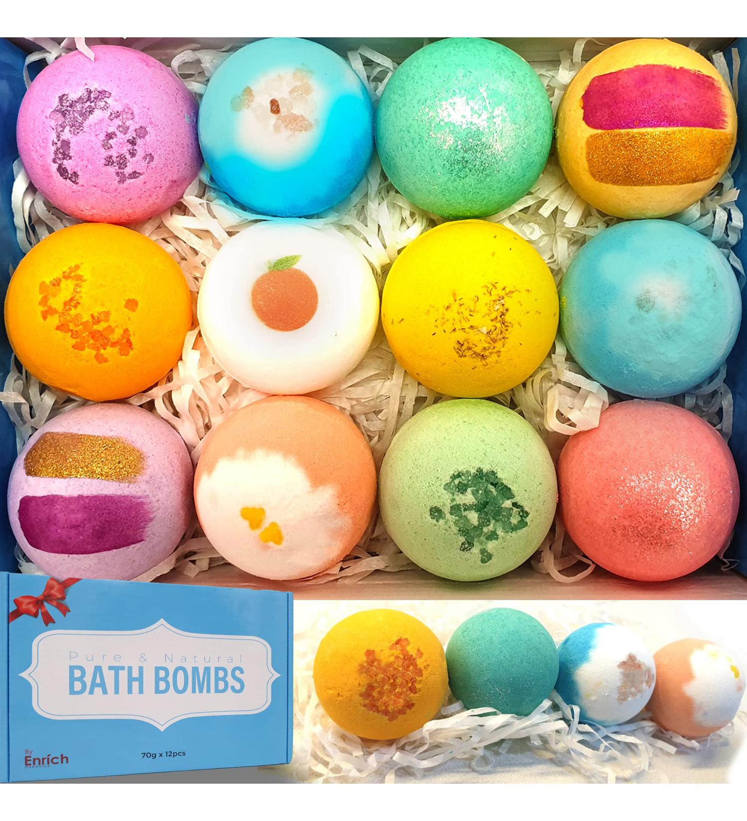 Enrich Organics Bath Bombs Gift Set - 12 PC Shea & Coco Butter Fizzies with Pure Essential Oils - Handmade Natural Bath Bombs for Her, Kids, Wife, Girlfriend & Daughter - Buy Online on GoSupps.com
