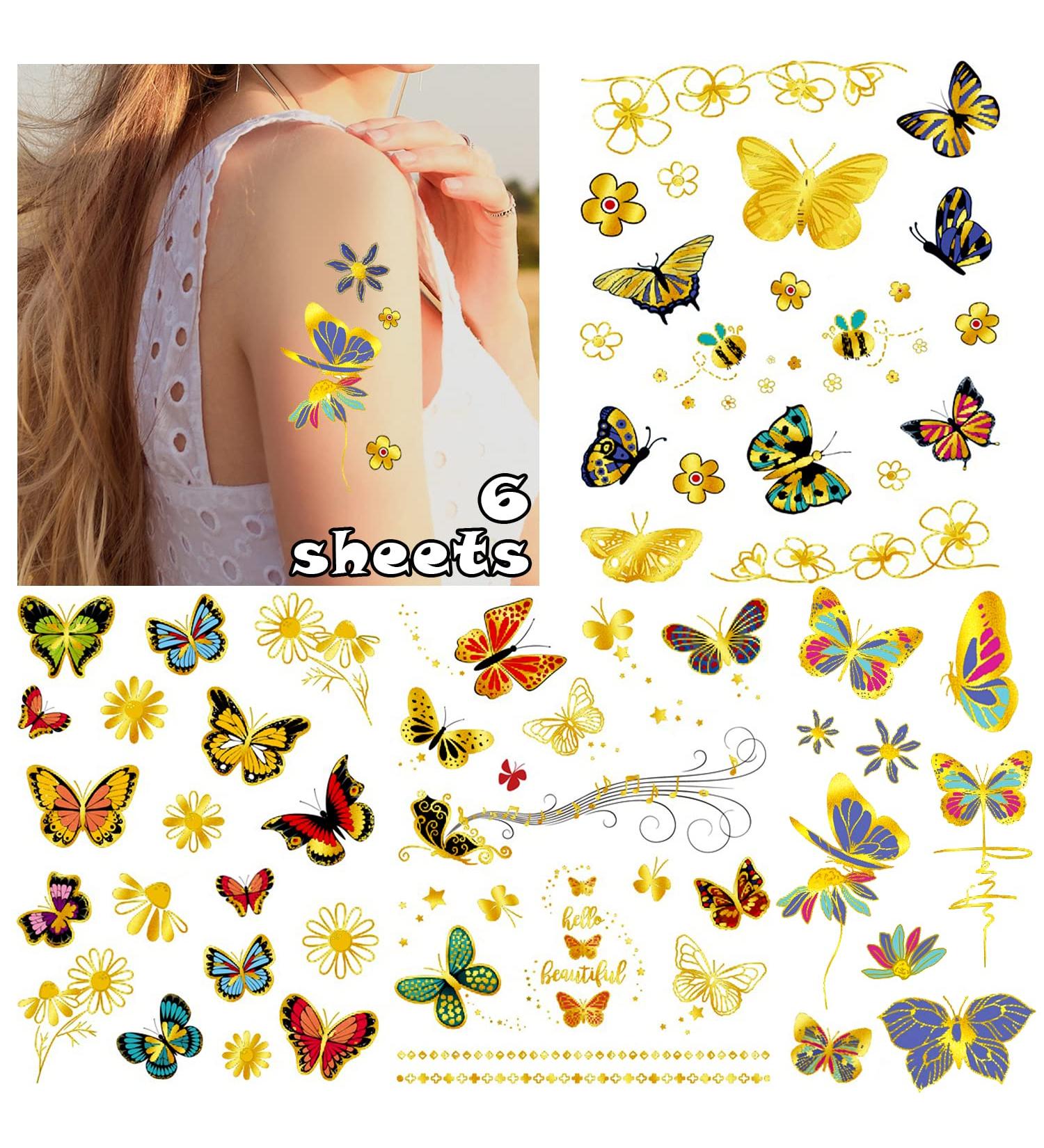 Cerlaza Metallic Glitter Butterfly Temporary Tattoos - 6 Sheets | Long Lasting Tattoo Stickers for Girls & Women | Butterfly Party Decorations & Favors - Buy Online on GoSupps.com