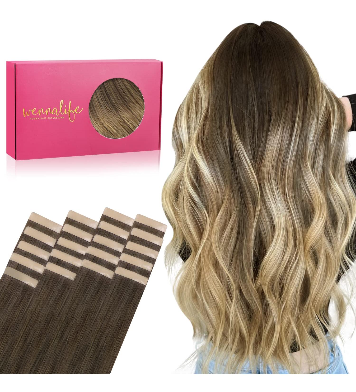 Ombr Walnut Brown to Ash Brown & Blonde Tape Extensions - 20pcs 50cm Remy Real Hair | Silky Straight Invisible Skin Weft - Buy Online on GoSupps.com