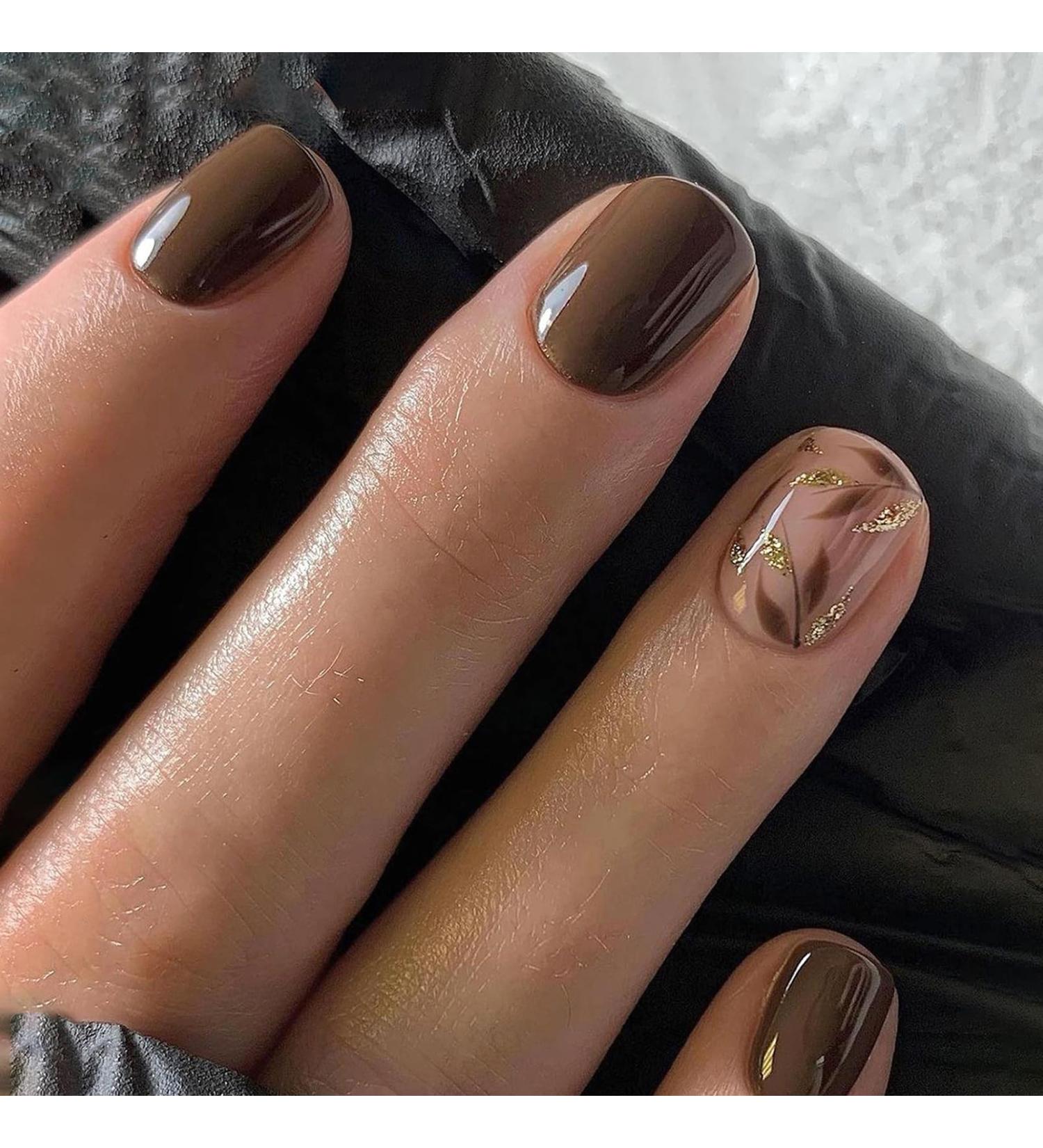 DMQ Autumn False Nails Short 24Pcs Brown Fake Nails Square Press on Nails with Leaves Glossy French Nail Tips with Nail Glue Acrylic Stick on Nails for Women Girls Autumn Winter Nails Art Autumn Short - Buy Online on GoSupps.com