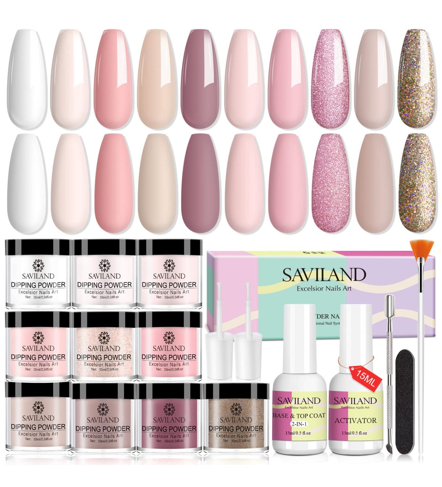 Saviland 10 Colors Dip Powder Nail Kit Starter - Nude Pink Spring Colors - Salon Quality 17pcs Set with 2-In-1 Base & Top Coat - Ideal for Nail Repair & Home DIY - Perfect Gift for Ladies - Buy Online on GoSupps.com