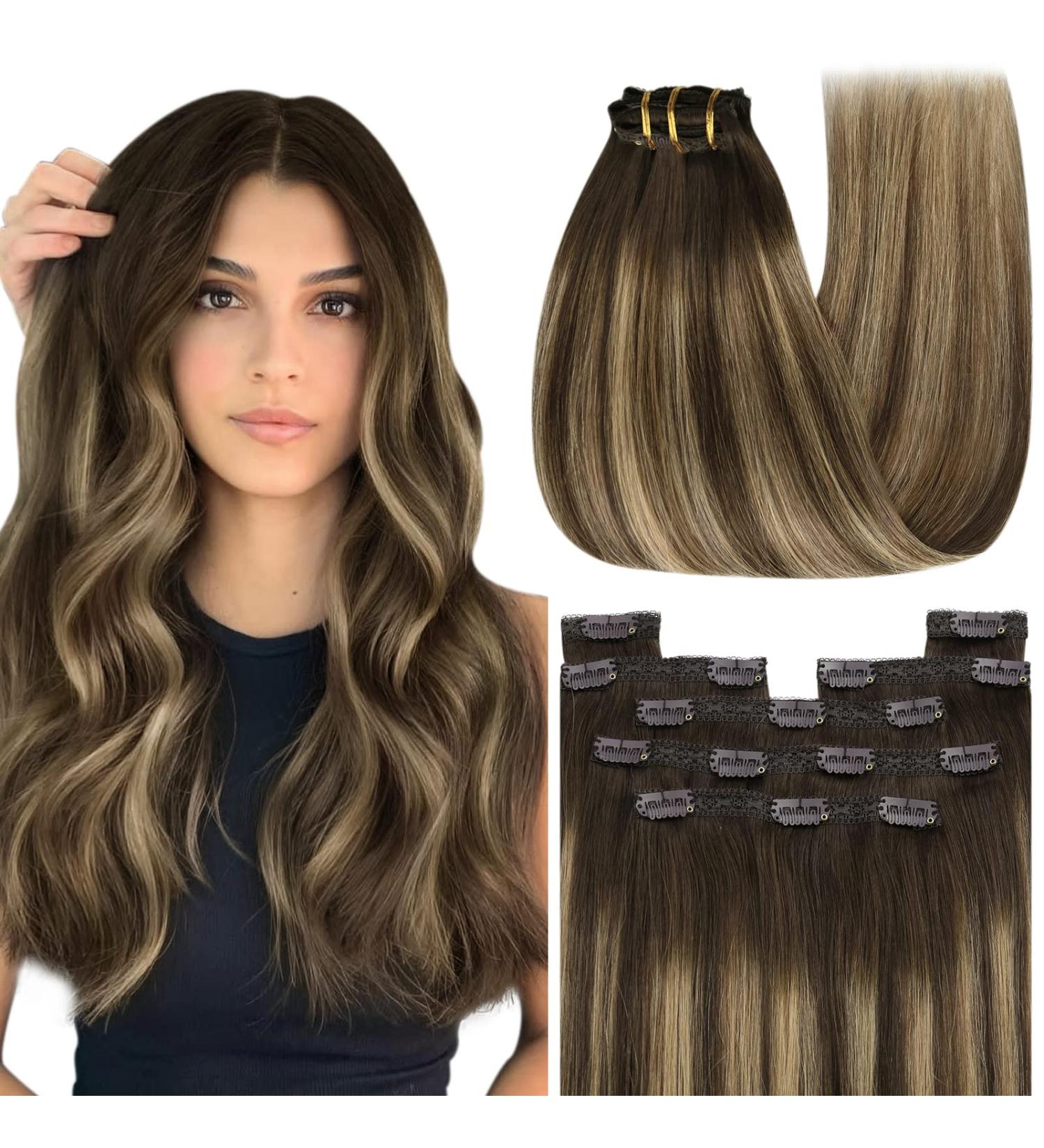 Youngsee Clip-In Real Hair Extensions - 35cm Ombre Dark Brown Balayage Caramel Blonde - 120g Remy Hair - 7 Pieces #4/27/4 - Buy Online on GoSupps.com
