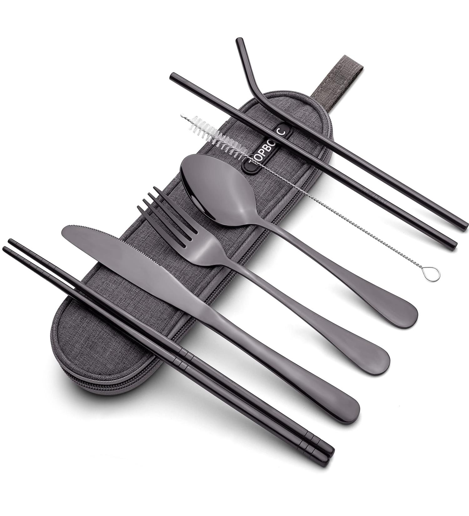 Portable Stainless Steel Camping Cutlery Set with Waterproof Case - Black - Buy Online on GoSupps.com