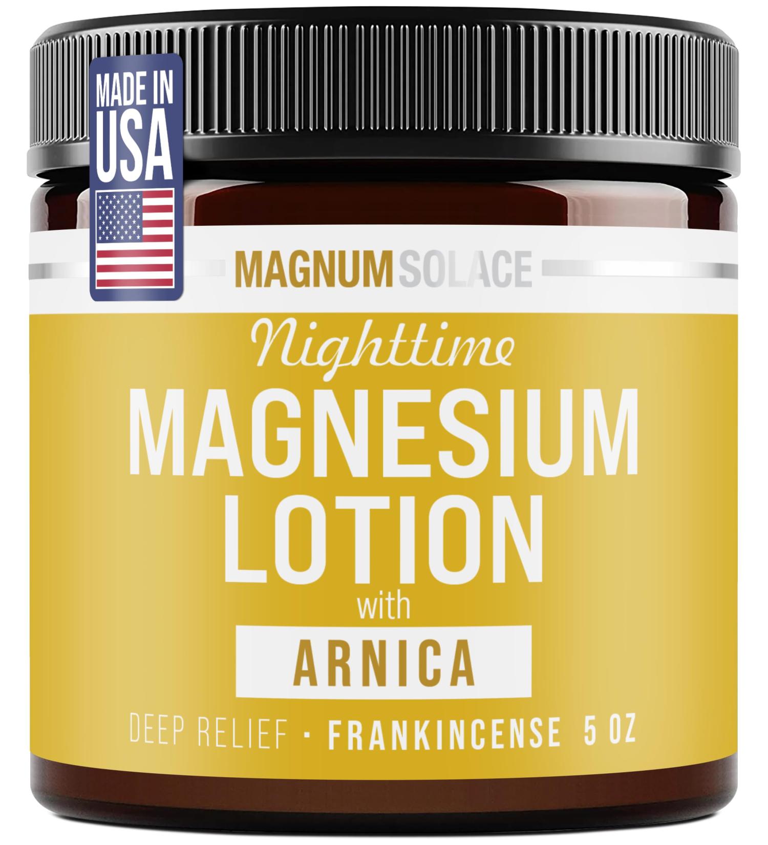 Magnum Solace Nighttime Magnesium Lotion with Arnica Soothing Relief & Relaxation Highly Concentrated Magnesium for Muscles & Joints Apply to Legs or Feet Before Bed Skin-Friendly - Buy Online on GoSupps.com