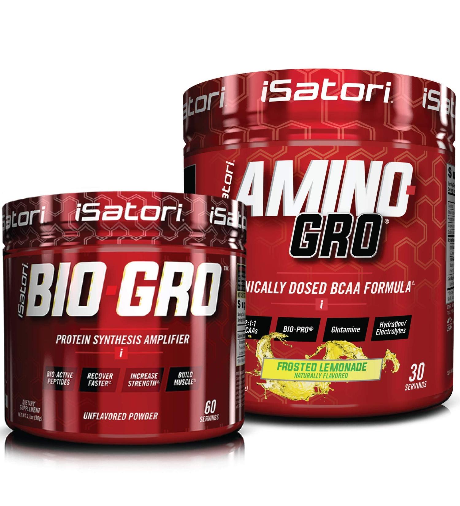 iSatori Bio-GRO Protein Synthesis Amplifier - Unflavored (60 Servings) & iSatori Amino-GRO BCAA Powder - Frosted Lemonade (30 Servings) - Buy Online on GoSupps.com