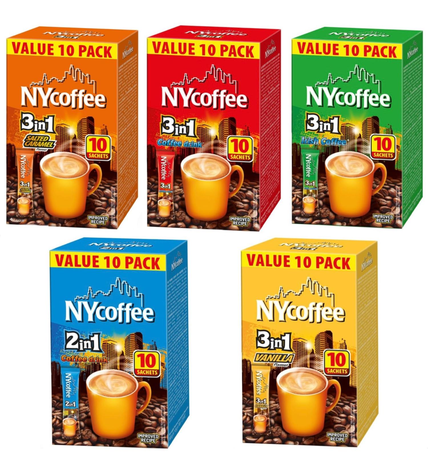 NY Coffee 3 in 1 50 Sachets 5 Flavours Classic Salted Caramel Irish Vanilla 2 in 1 5 Boxes x 10 Sachets - Flavoured Coffee Sticks Ideal For Home or Work Salted Caramel Vanilla Irish Classic 2.8 g (Pack of 5) - Buy Online on GoSupps.com