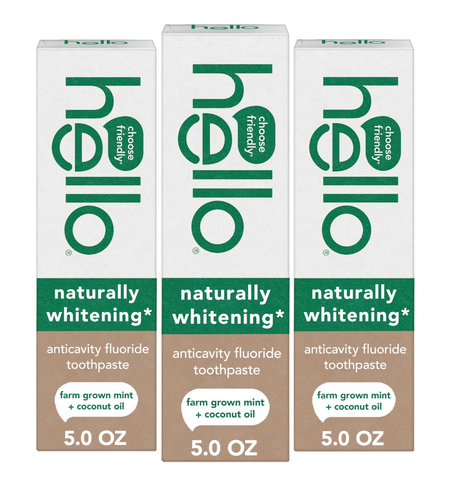 Hello Naturally Whitening Anticavity Fluoride Toothpaste 5 Oz Tube Natural Whitening Toothpaste with Coconut Oil Whitens Naturally and Helps Remove Surface Stains SLS Free Vegan Mint 3 Pack - Buy Online on GoSupps.com