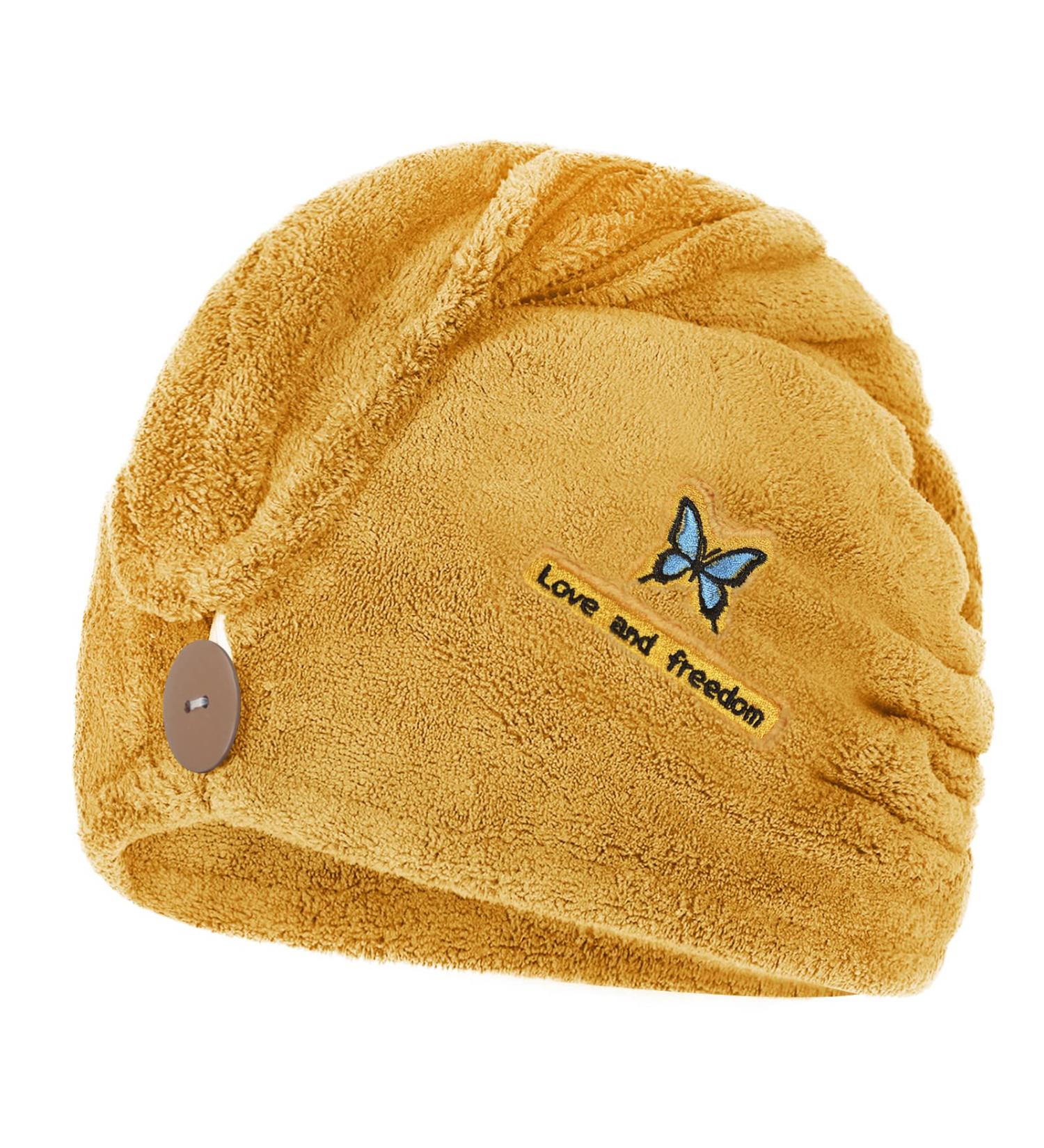Quick-Drying Microfiber Hair Turban Towel - Soft Button Design for All Hair Types - 26x37 inches - Ideal for Women & Girls - Yellow - Buy Online on GoSupps.com