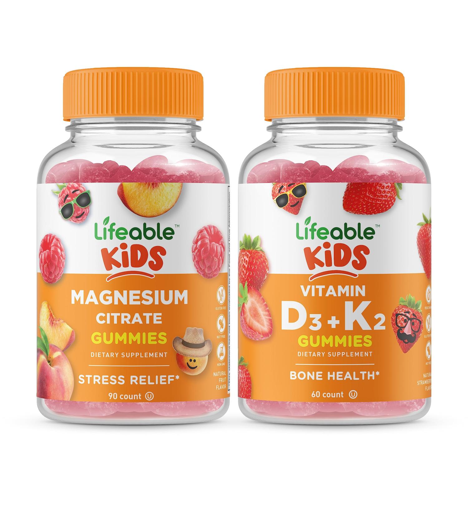 Lifeable Magnesium Citrate Kids + Vitamin D3 + Vitamin K2 Kids Gummies Bundle - Great Tasting Vitamin Supplement Gluten Free GMO Free Chewable Gummy