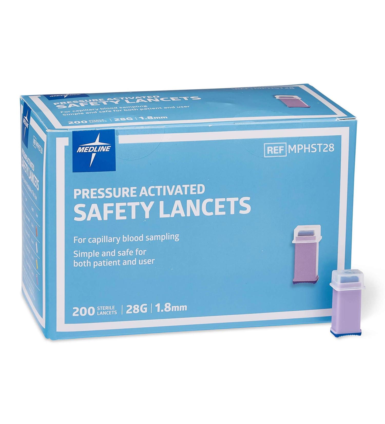 Medline Safety Lancets 28G x 1.8mm 200 Count - Pressure Activation for Easy and Safe Blood Sampling - Buy Online on GoSupps.com
