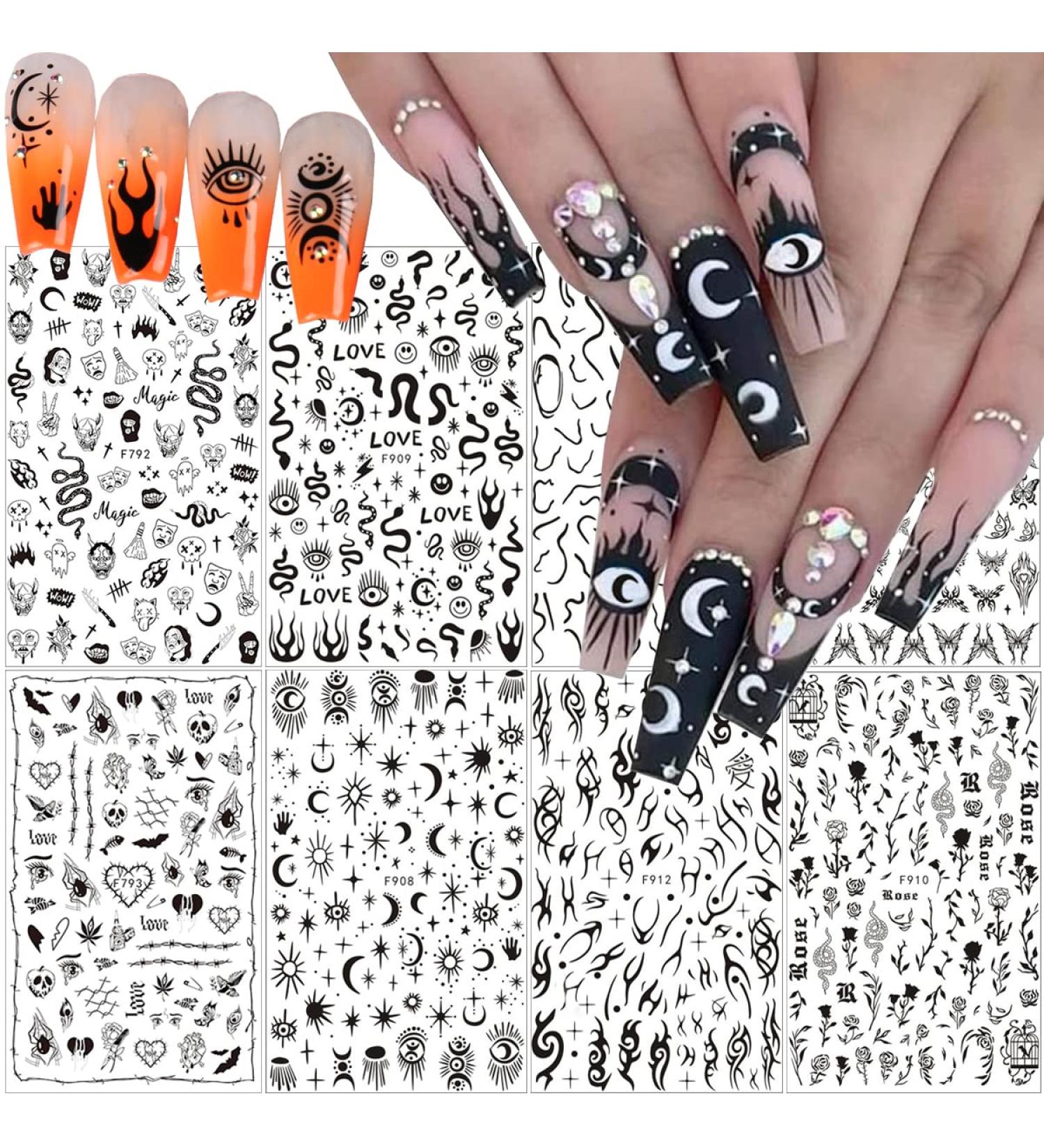Black Skull Goth Nail Art Stickers - 3D Horror Butterfly Flame Moon Stars Rose Decals - Manicure Decoration Supplies - Buy Online on GoSupps.com