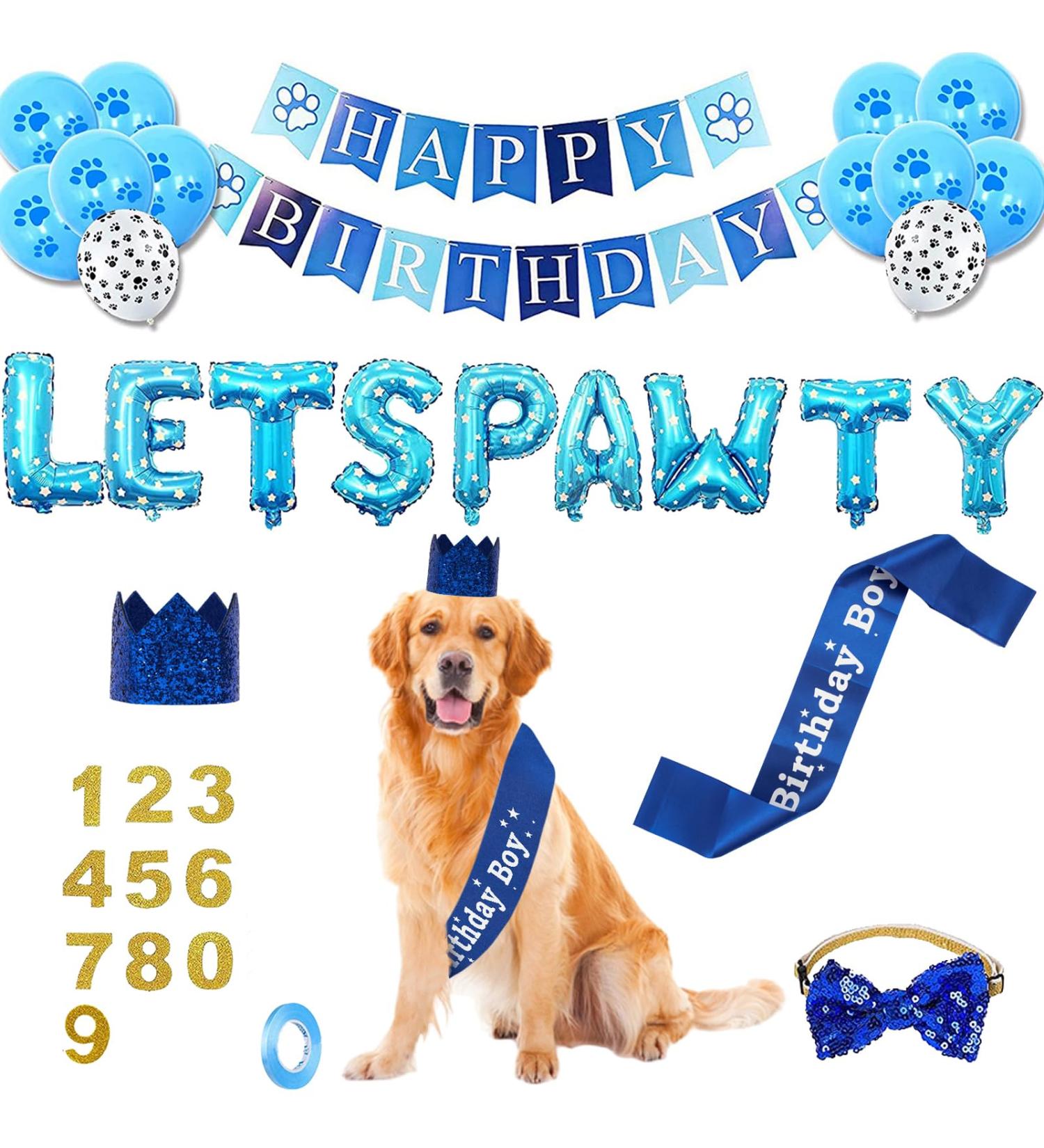 Dog Birthday Party Supplies Dog Birthday Hat Birthday Boy Sash Happy Birthday Banner 12 Inch Paw Print and 16 Inch Lets Pawty Balloon Cute Bowtie 7-Piece Set for Pet Birthday Decoration(Blue) - Buy Online on GoSupps.com