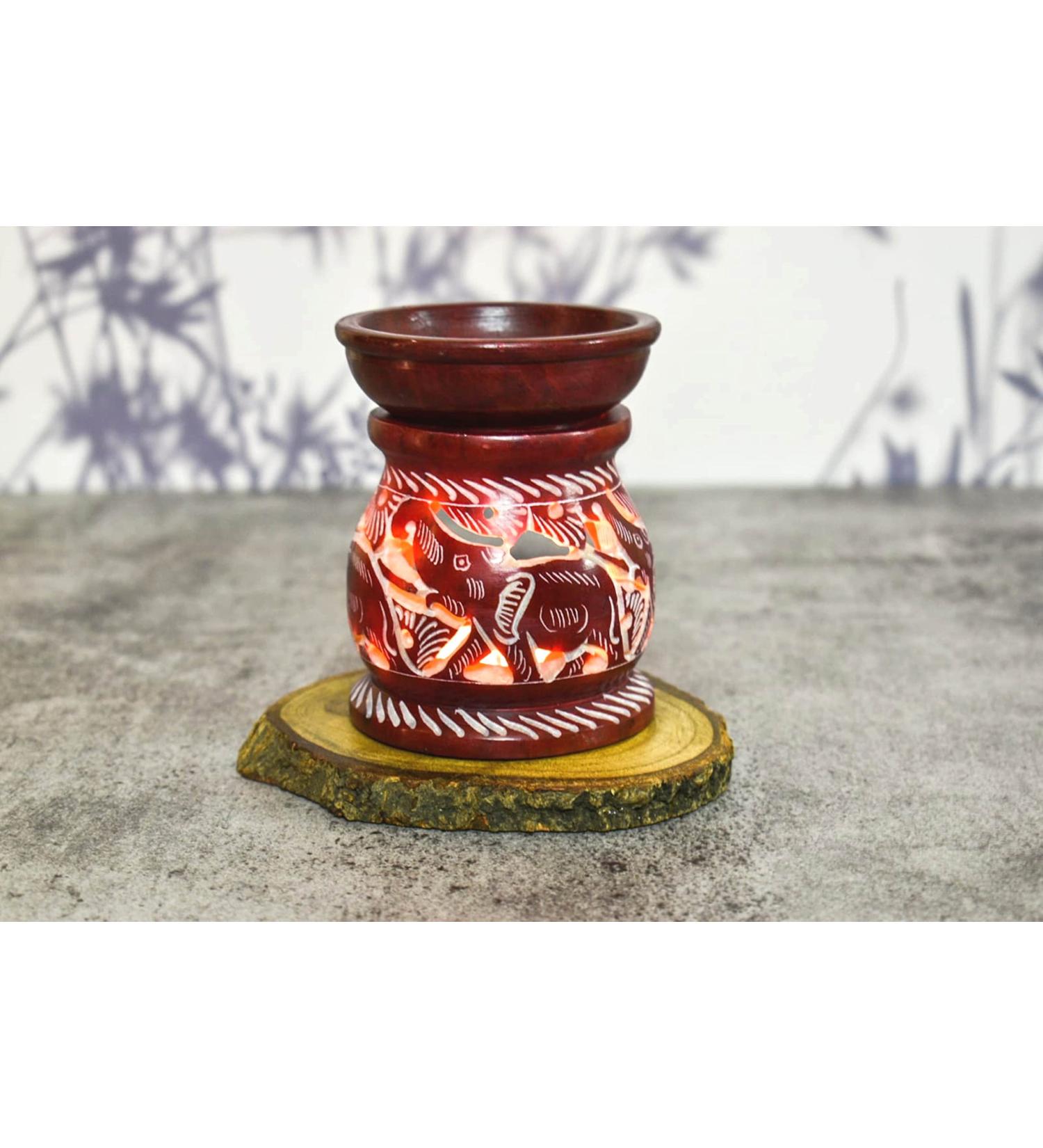 Hand Painted Red Elephant Soapstone Oil Burner Aroma Diffuser | Jali Work Tea Light Holder for Aromatherapy - Buy Online on GoSupps.com