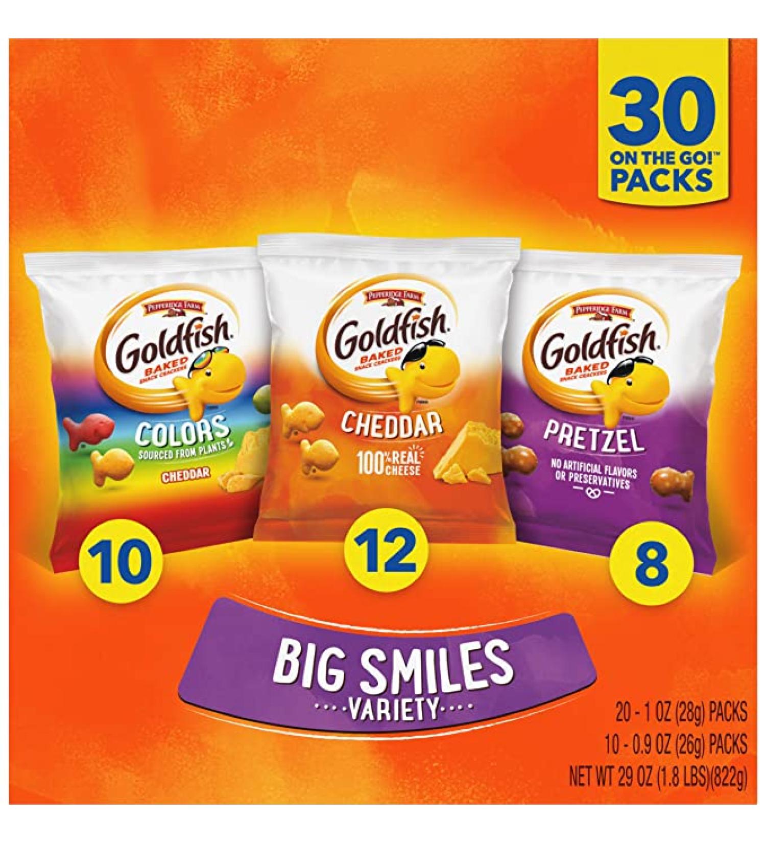 Pepperidge Farm Goldfish Crackers Big Smiles with Cheddar Colors and Pretzel Crackers Snack Packs 30 Count Variety Pack Box - Buy Online on GoSupps.com