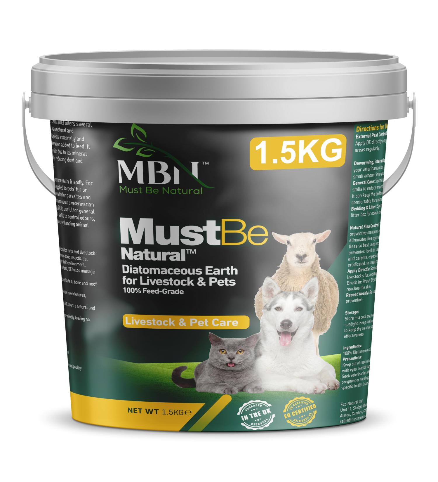 Diatomaceous Earth for Pets & Livestock Cats/Dogs Feed Supplement Natural Dewormer & Digestive Supplement Insecticide Pest Control Lice Mite Flea And Tick Control Solution 1.5kg