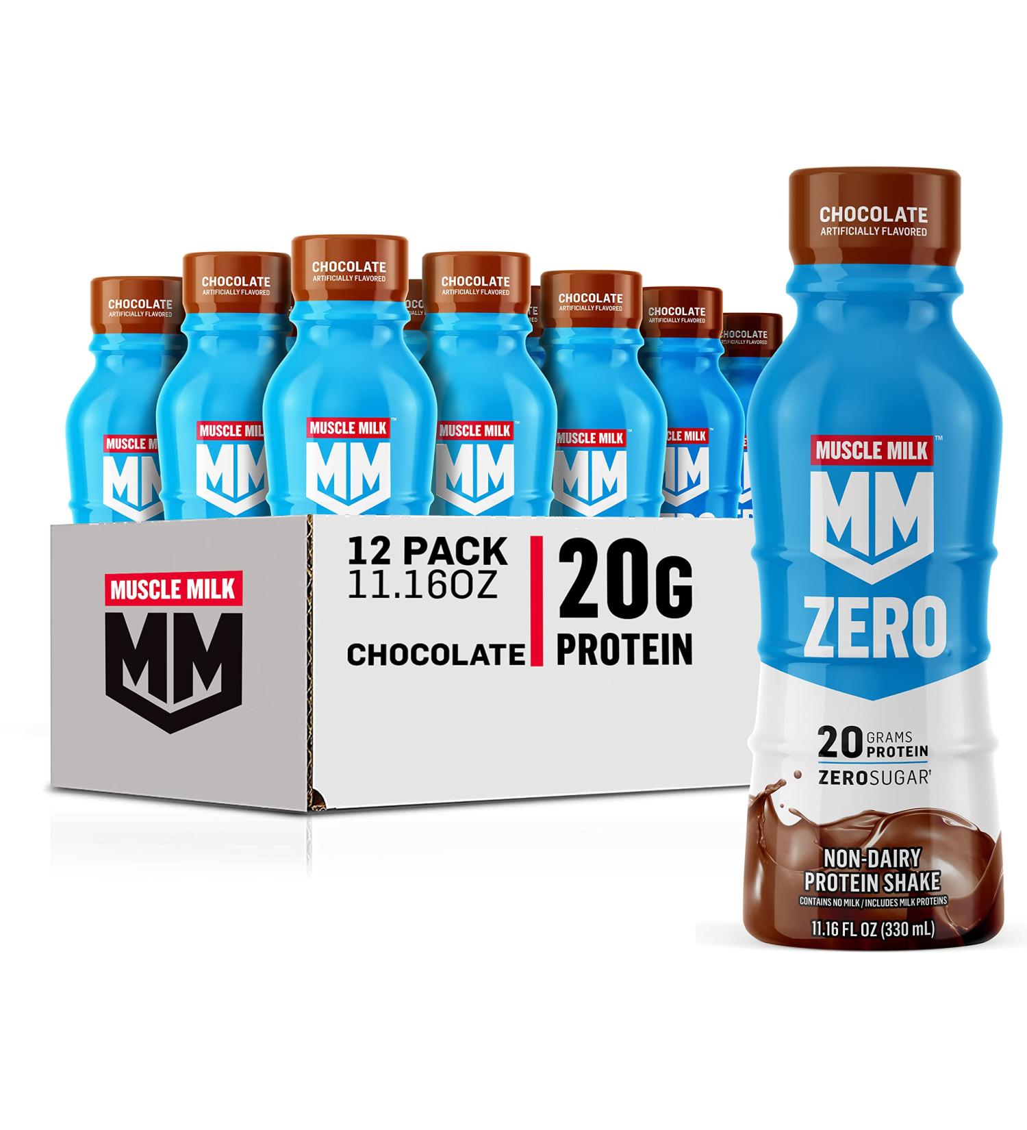 Muscle Milk Zero Protein Shake  Chocolate  11.16 Fl Oz Bottle  12 Pack  20g Protein  Zero Sugar  100 Calories  Calcium  Vitamins A  C & D  4g Fiber  Energizing Snack  Workout Recovery  Packaging May Vary Bottle Chocolate 11.2 Fl Oz (Pack of 12) - Buy Online on GoSupps.com
