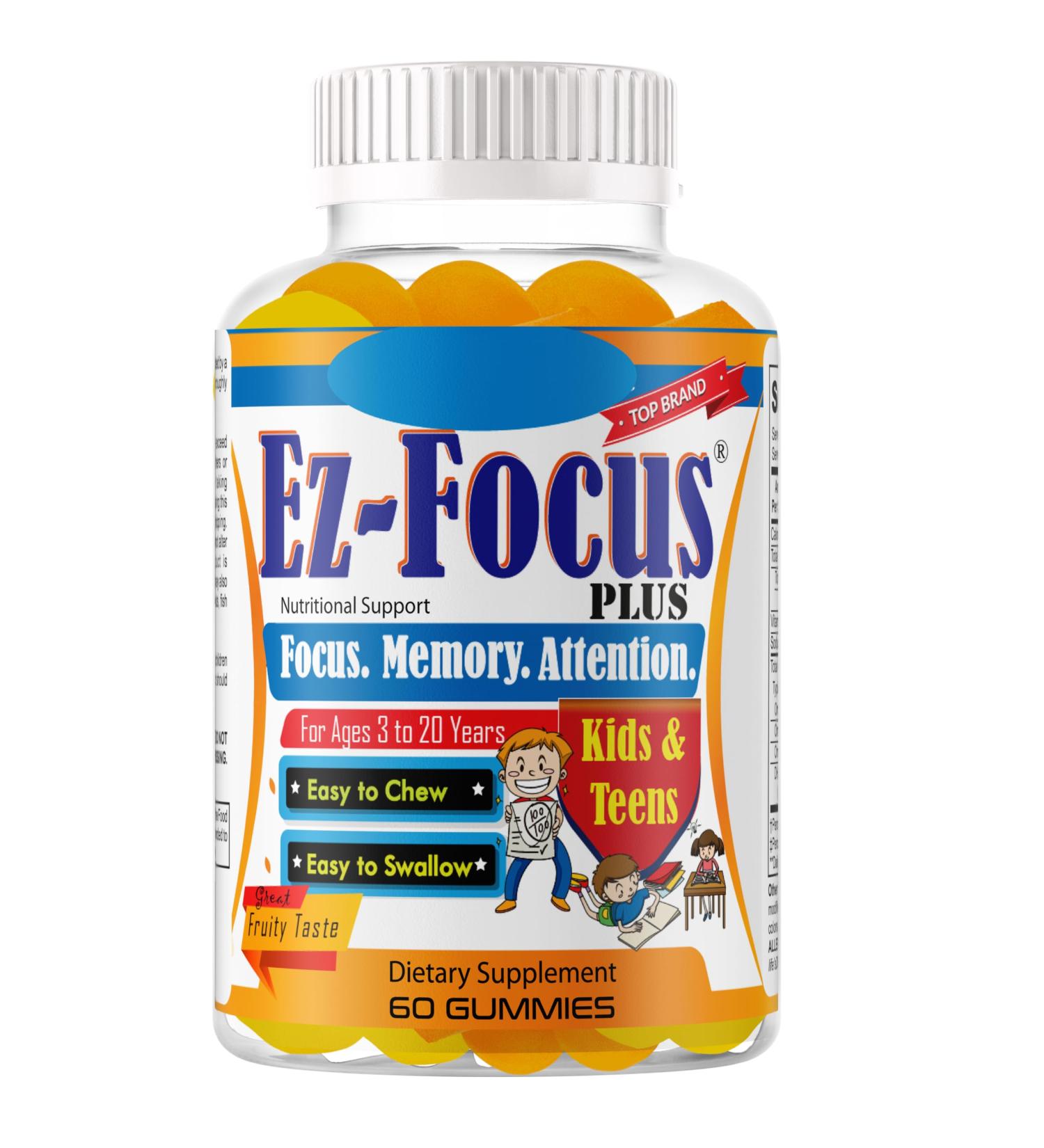 Ez-Focus Plus Brain Booster Omega 3 Kids Focus and Attention Supplements for Cognitive Health Support Memory Mental Clarity Concentration for Children and Teens - Fruity Flavor Vitamins 60 Count - Buy Online on GoSupps.com
