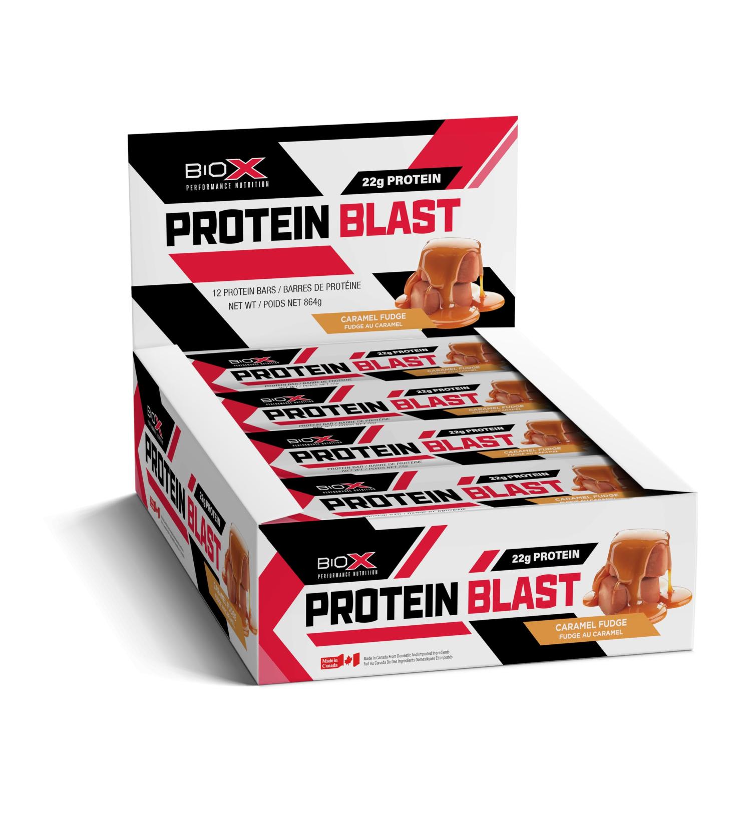 BioX Protein Blast Protein Bars | Protein Bar with Candy Bar Taste | 22g Protein Low Sugar | All Natural Protein Bar Ingredients | Box of 12 Bars (Caramel Fudge) - Buy Online on GoSupps.com