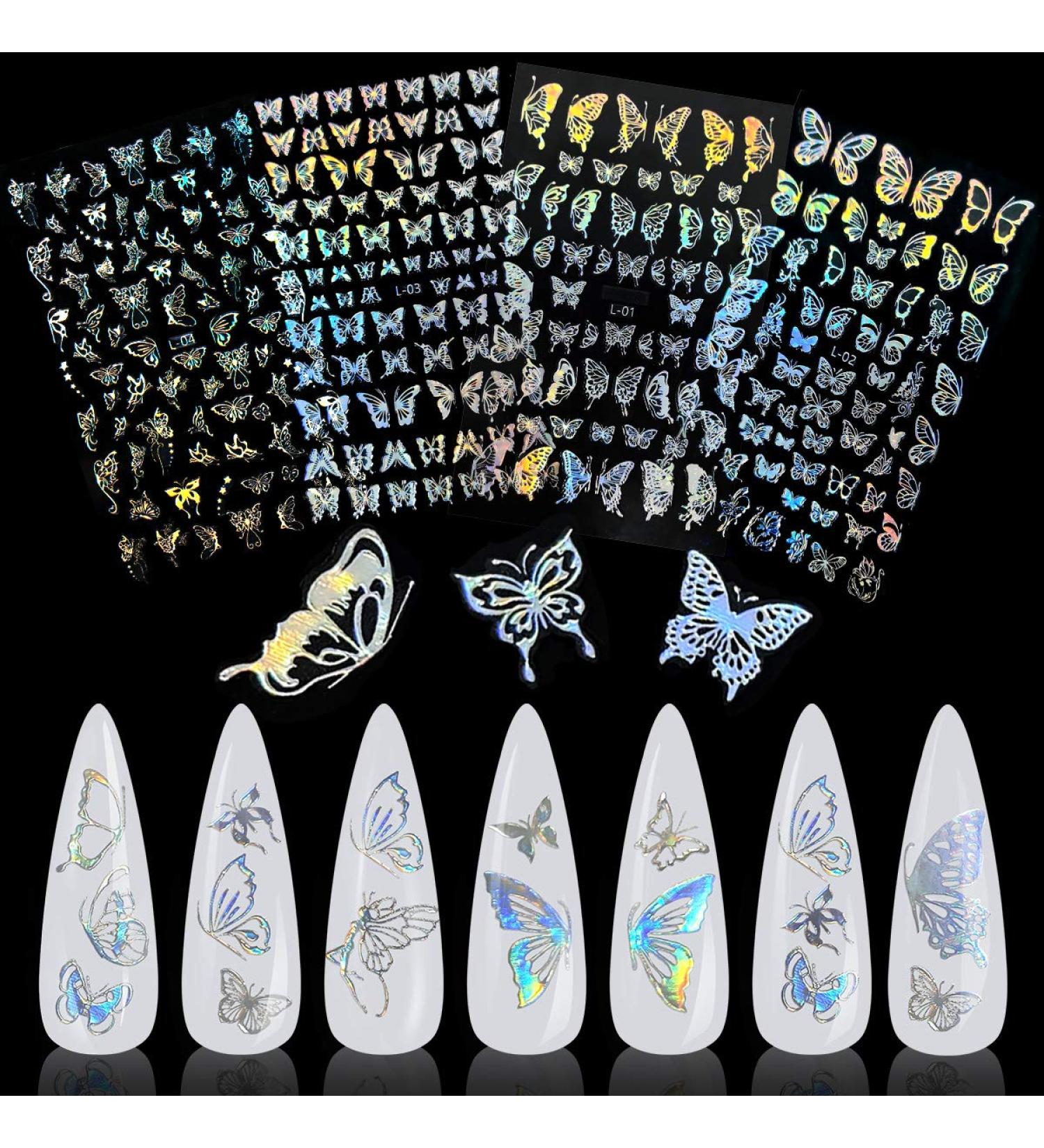 Holographic Silver Butterfly Nail Art Sticker Set - 4 Sheets | KISSBUTY Adhesive Nail Decals for Manicure - Buy Online on GoSupps.com