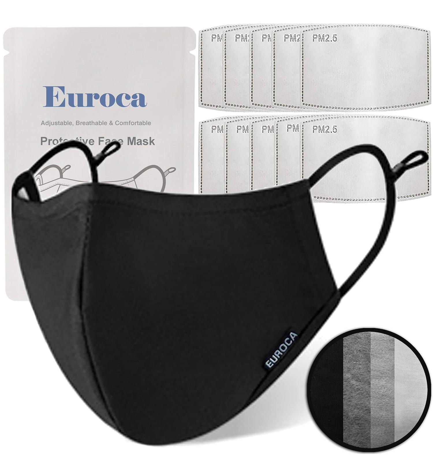 Euroca Cloth Face Mask 4 Layer Reusable Washable and Adjustable with Filter Pocket for Adult -1 Pack with 10 Filters Included Black - Buy Online on GoSupps.com