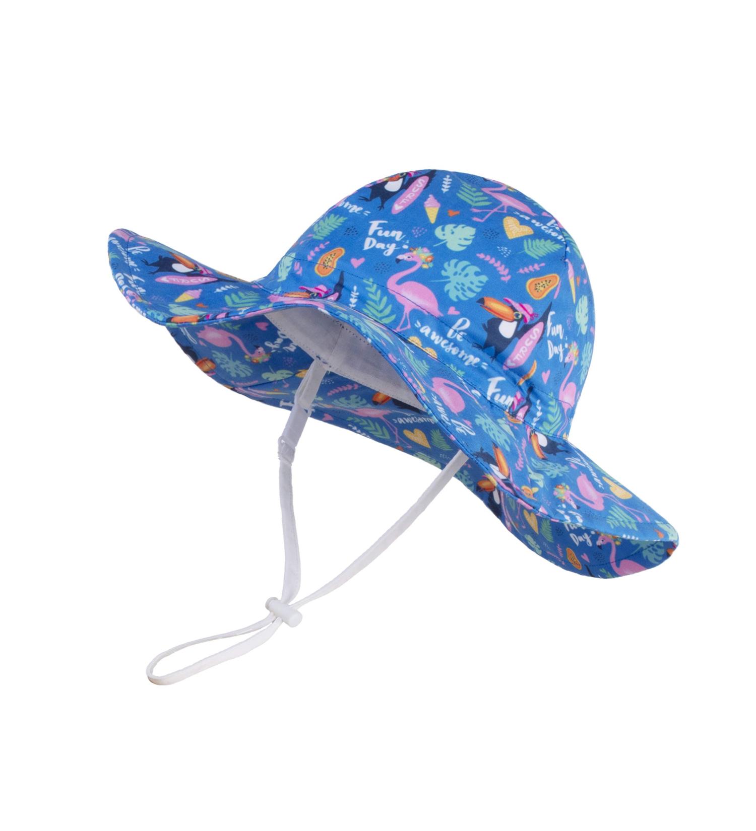 LANGZHEN Baby Girls Sun Protection Hat - Adjustable Toddler Kids Wide Brim Play Hat with Chin Strap - Flamingos and Toucan Design - Blue - 6-12 Months - Buy Online on GoSupps.com