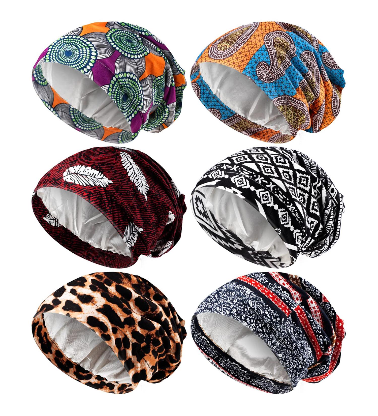 Elegant Patterns Satin Lined Sleep Cap - 6 Piece African Silk Bonnet for Women - Buy Online on GoSupps.com