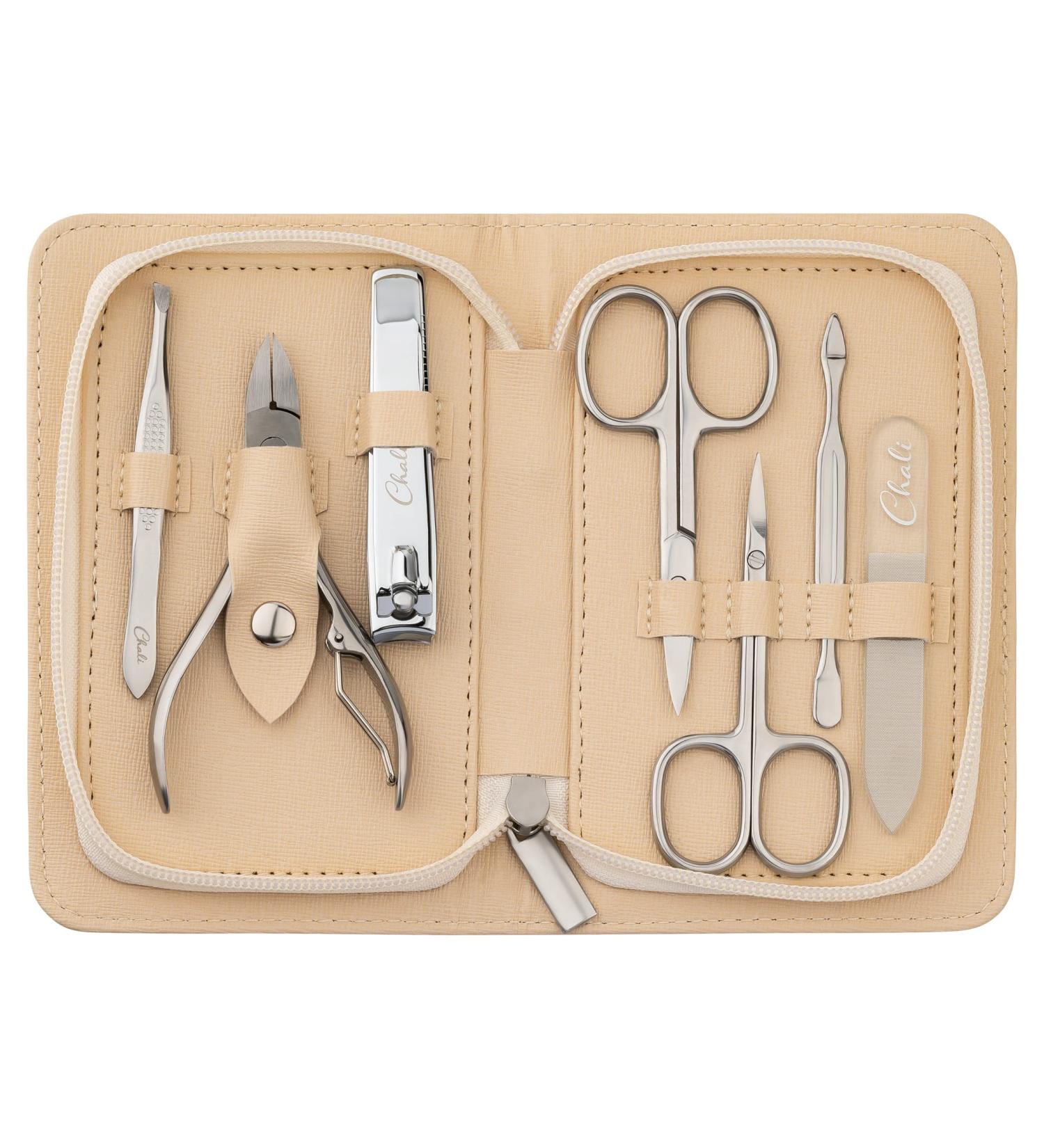Chali 7-Part Stainless Steel Manicure Set for Men & Women | Complete Nail Care Kit with Case - Nail Scissors Clippers Tweezers Glass Files & More - Buy Online on GoSupps.com