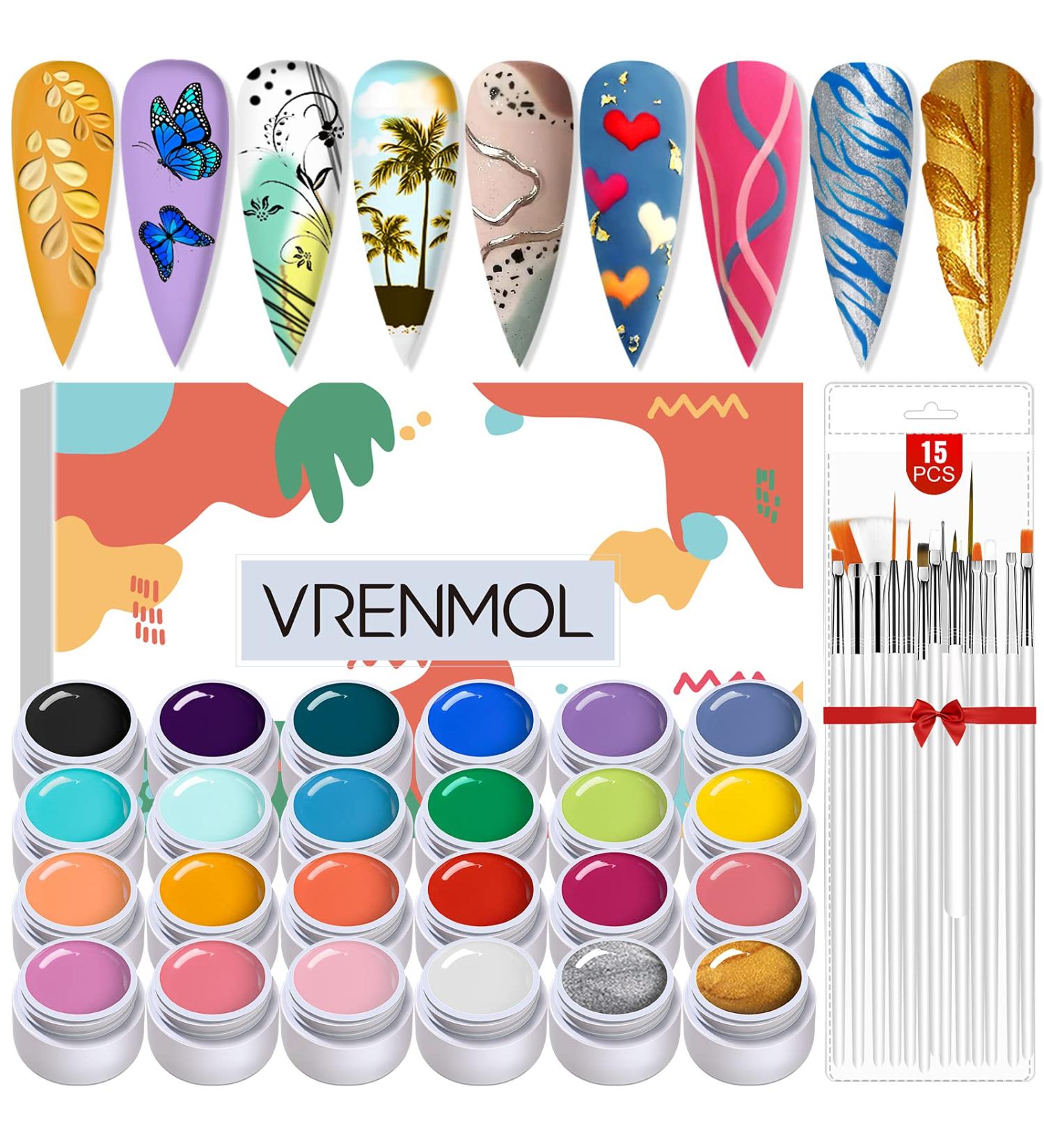 Vrenmol 24 Colors Fall Gel Nail Polish Kit with Painting Brushes - DIY Manicure Set for Nail Art Design | Autumn Solid Gel Paint for Salon-quality Results - Buy Online on GoSupps.com