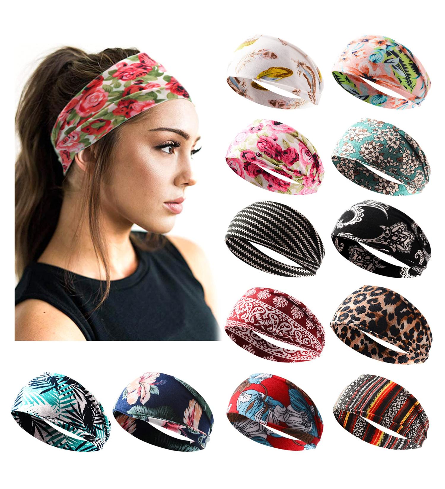 Jesries 12 Pack Boho Printed Headbands for Women - Non Slip Hair Bands for Sport, Yoga, Running - Elastic Sweat Hair Wrap for Girls - Buy Online on GoSupps.com