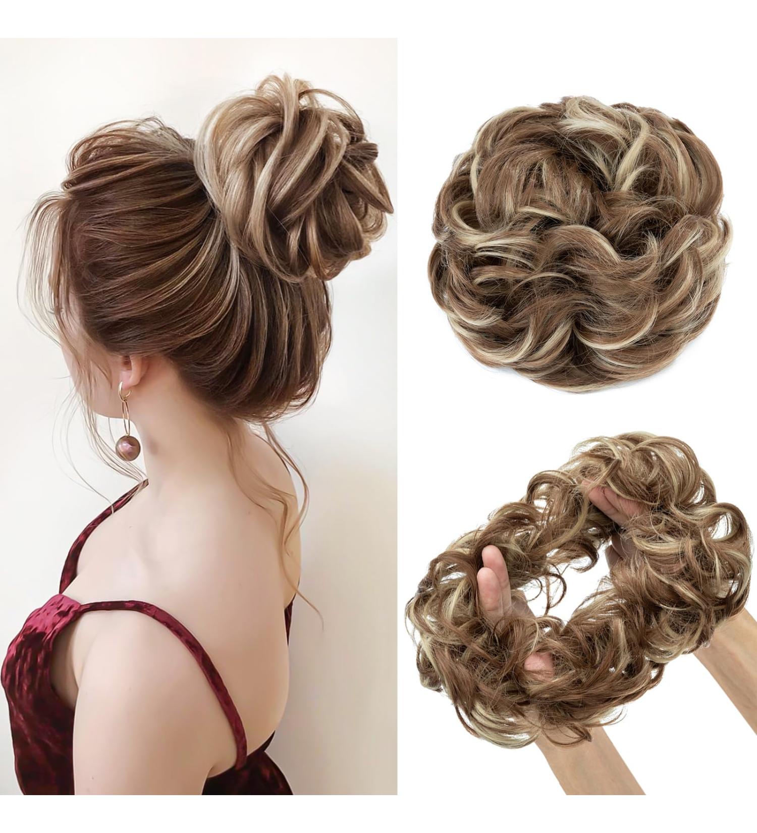 MY-LADY Messy Hair Bun Extension Scrunchie - Wavy Curly Ponytail Updo Chignon Hairpiece 55g Light Brown Blonde Highlight - Buy Online on GoSupps.com
