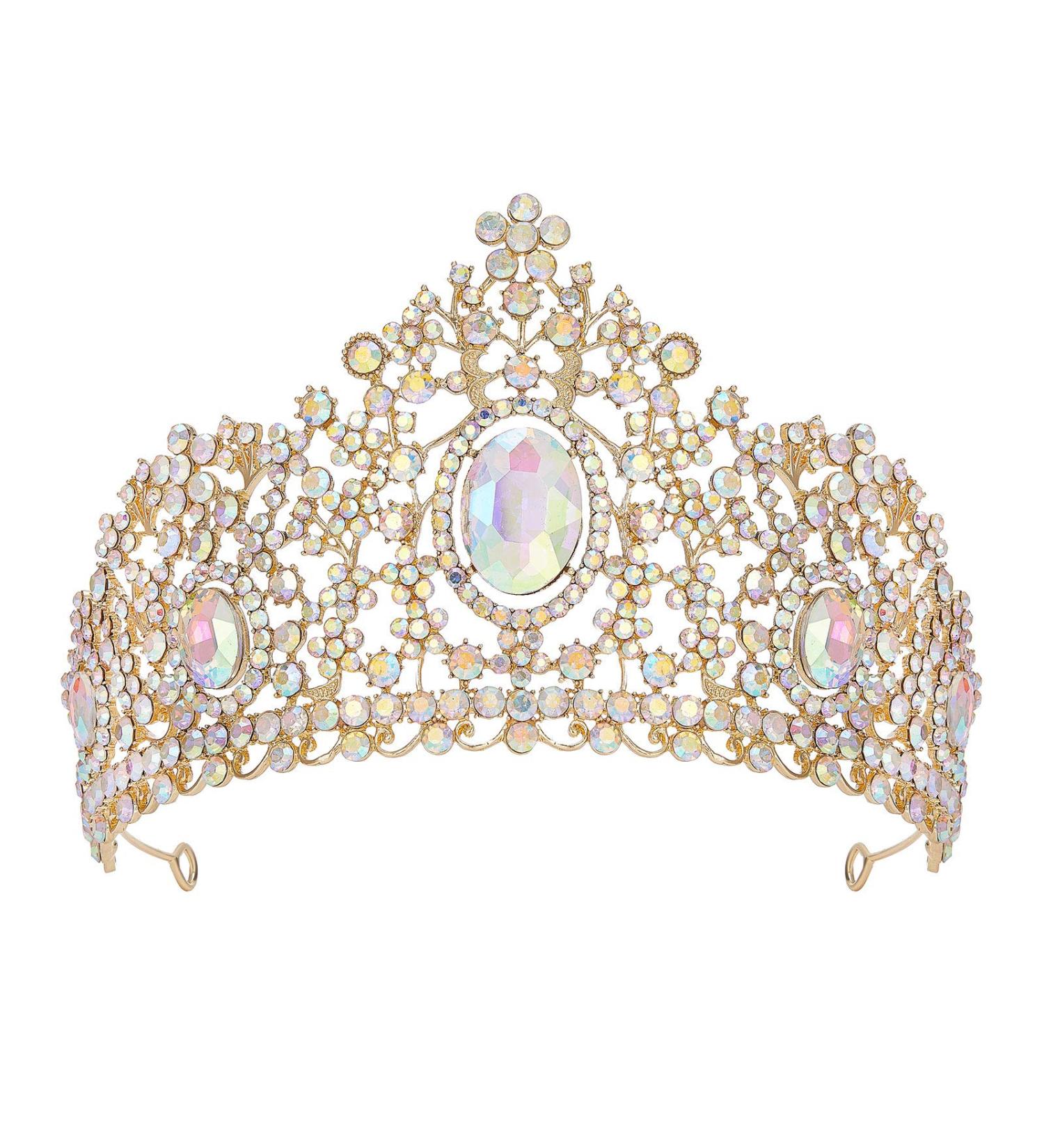 SWEETV Iridescent Crystal Queen Crown - Aliza Quinceanera & Wedding Tiara | Gold AB Crystal - Buy Online on GoSupps.com