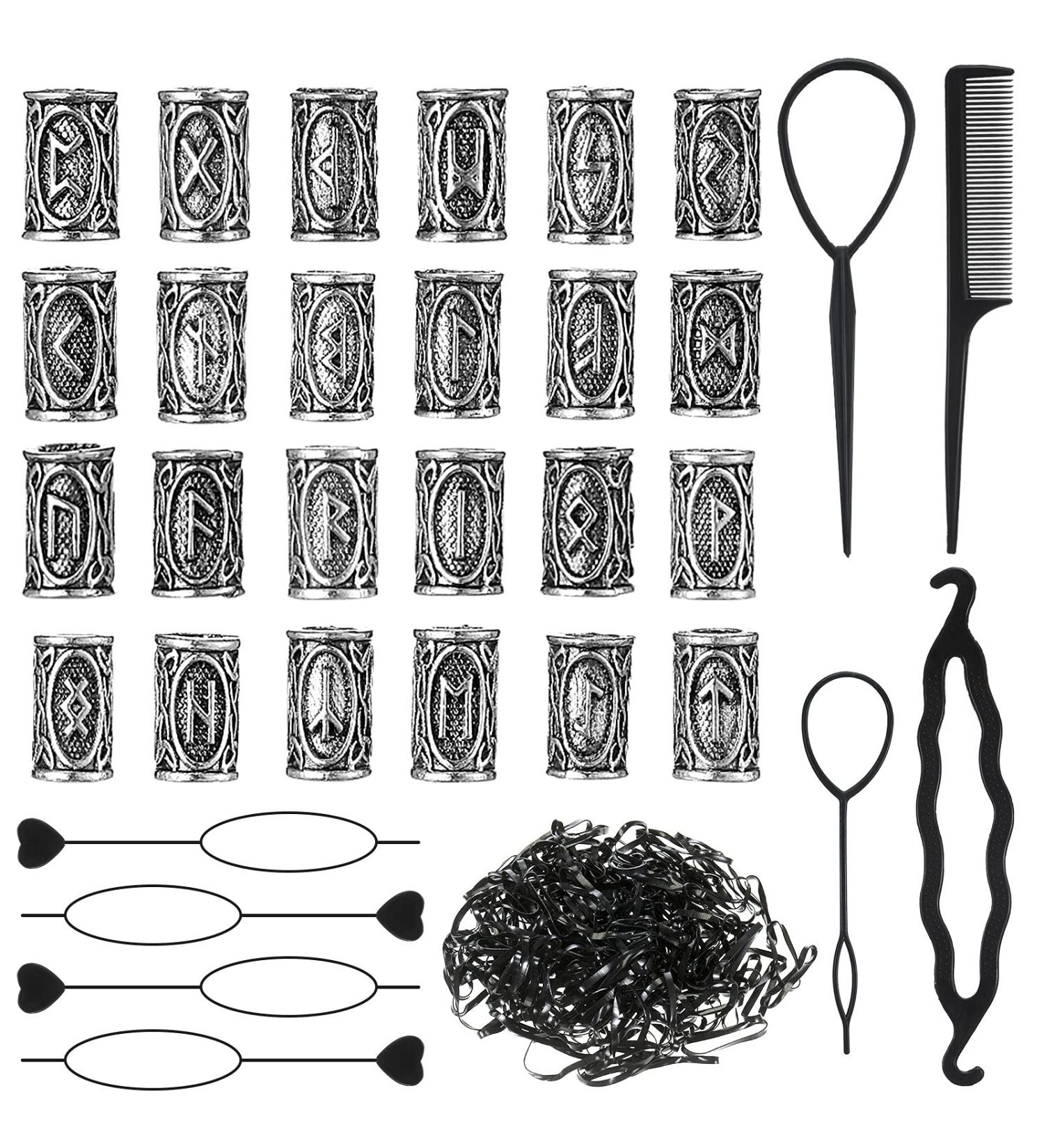 Norse Vikings Runes Hair Beard Beads 24-Piece Set with Pull Hair Pin and Rubber Bands - DIY Accessories for Women Men - Silver - Buy Online on GoSupps.com