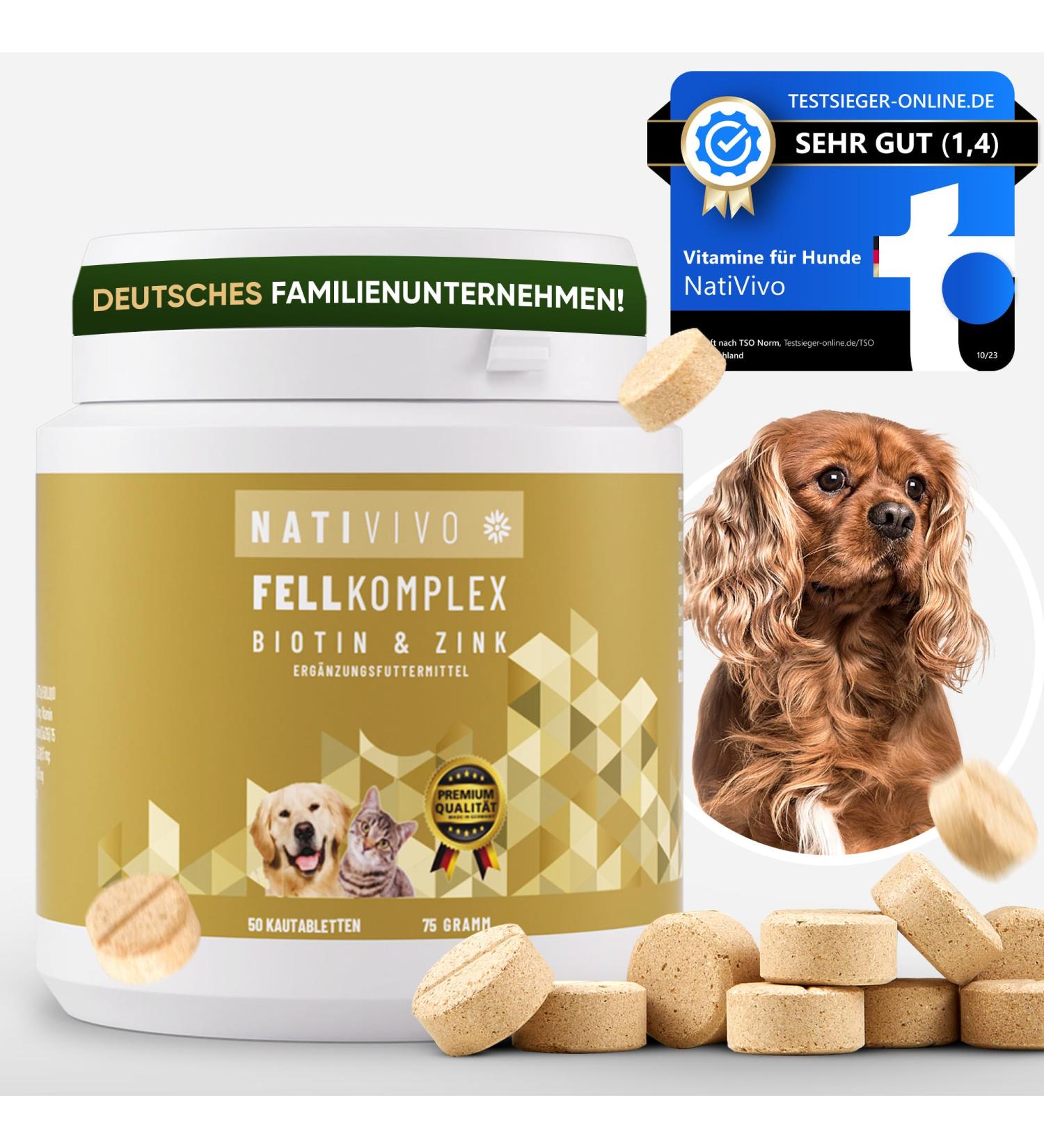 Nativivo High-Dose Probiotic Biotin+Zinc Complex for Dogs & Cats | Test Winner for Shiny Fur Hair Loss Relief & Skin Irritations | Made in Germany - Buy Online on GoSupps.com