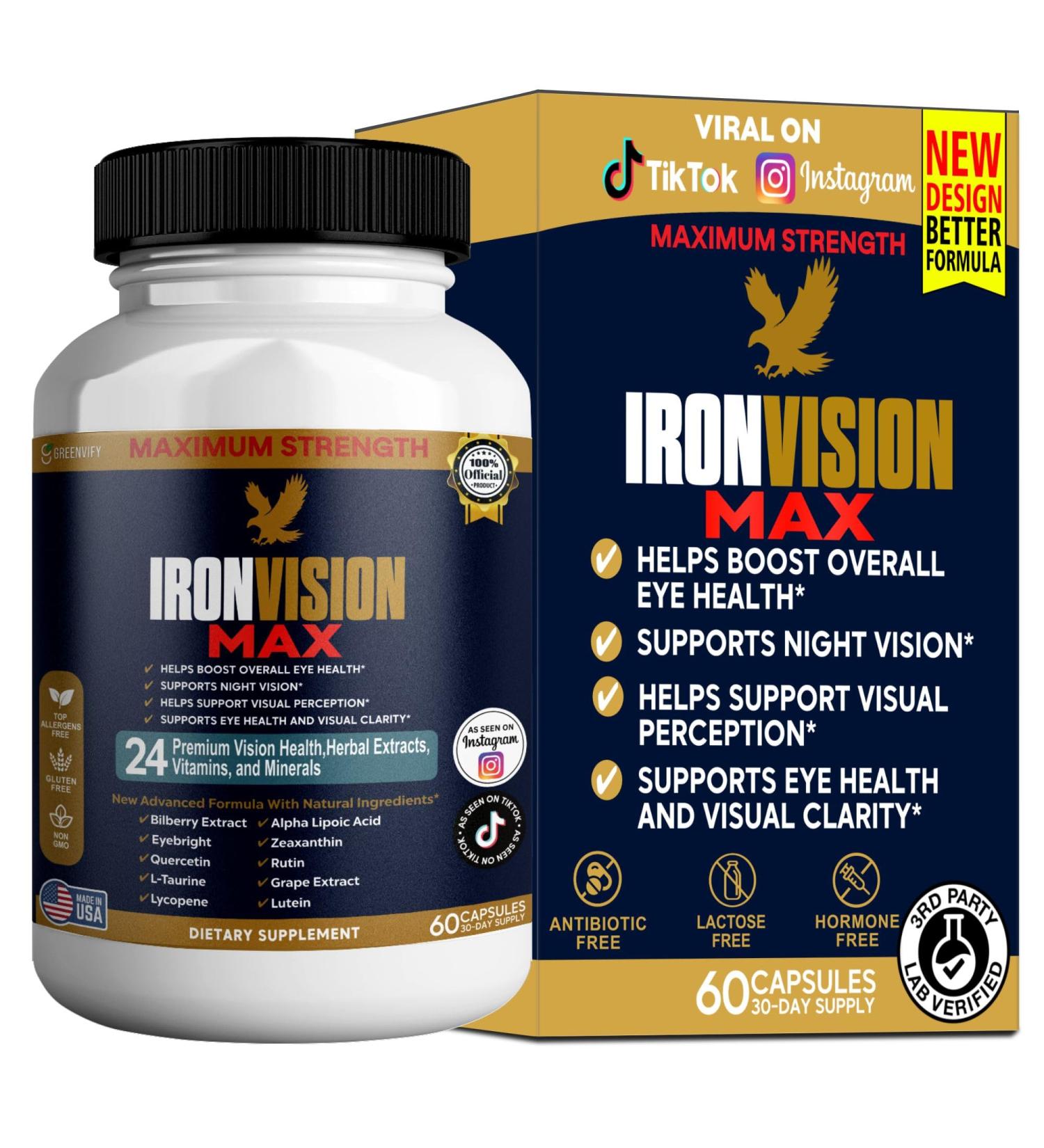 GREENVIFY IronVision Max Eye Health Supplement 24 Premium Vitamins & Minerals Lutein Bilberry Extract 60 Capsules (1) - Buy Online on GoSupps.com