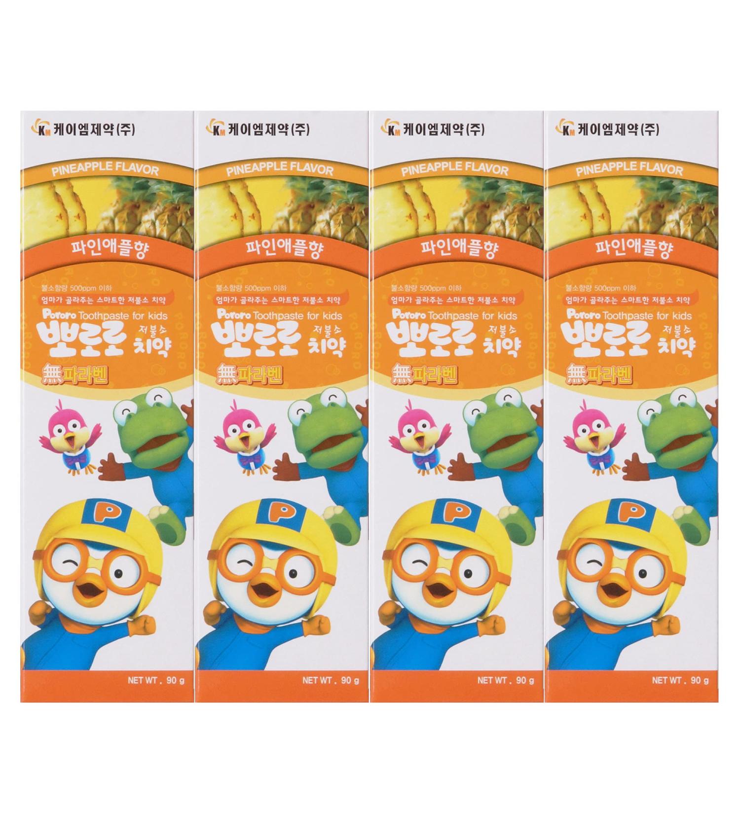 Pororo Kids Whitening Sensitive Toothpaste - Cavity Protection Low Fluoride Oral Care with 4 Fruit Flavors Improving Gum Health Removing Plaque to Strengthen Enamel 90g/3.17 Oz (Pineapple - 4packs) - Buy Online on GoSupps.com