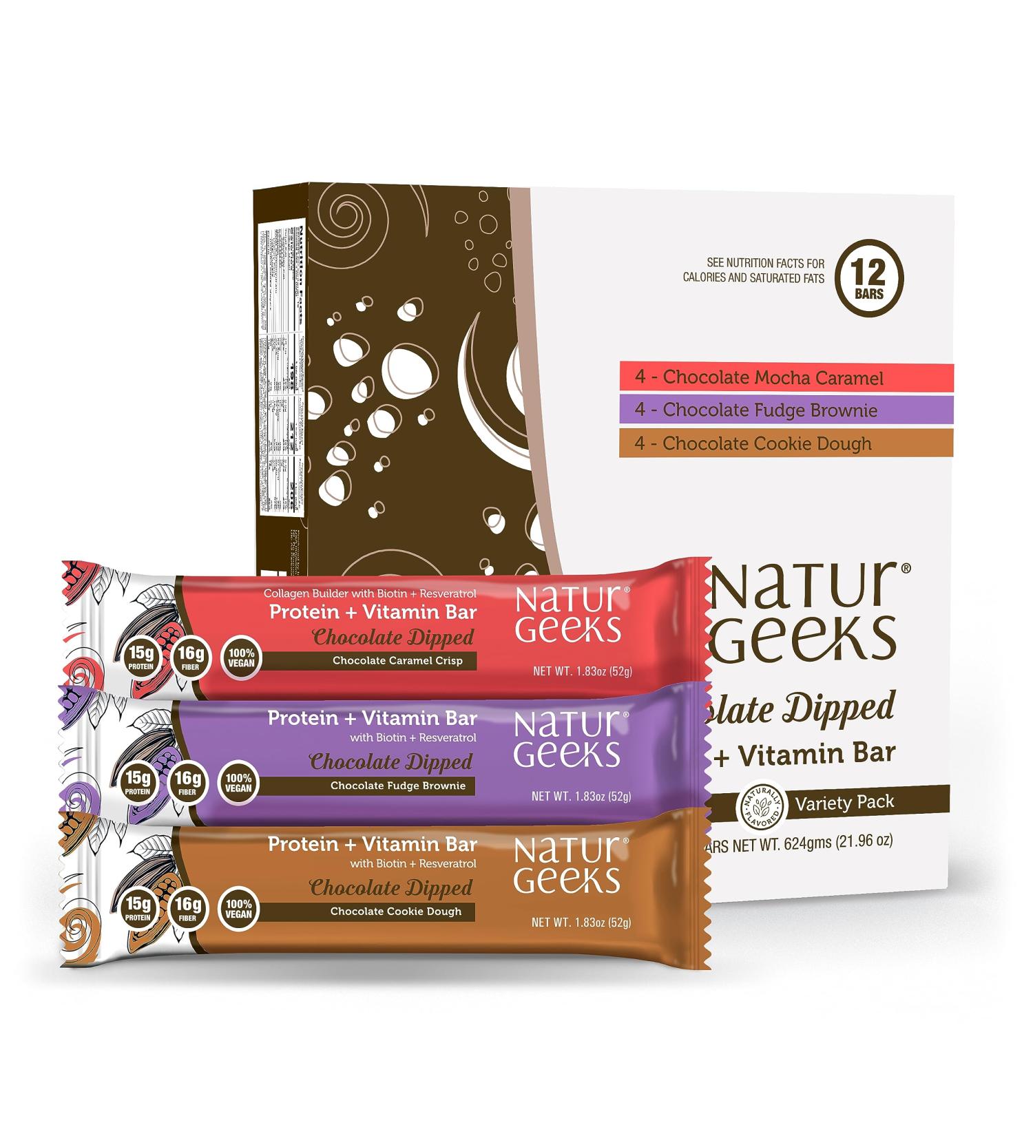 NaturGeeks Chocolate Dipped Protein Bar Variety Pack | Vegan with 15g Protein 11 Vitamins 16g Fiber Magnesium & Zinc for Immune Support No Added Sugar 12 Pack - Buy Online on GoSupps.com