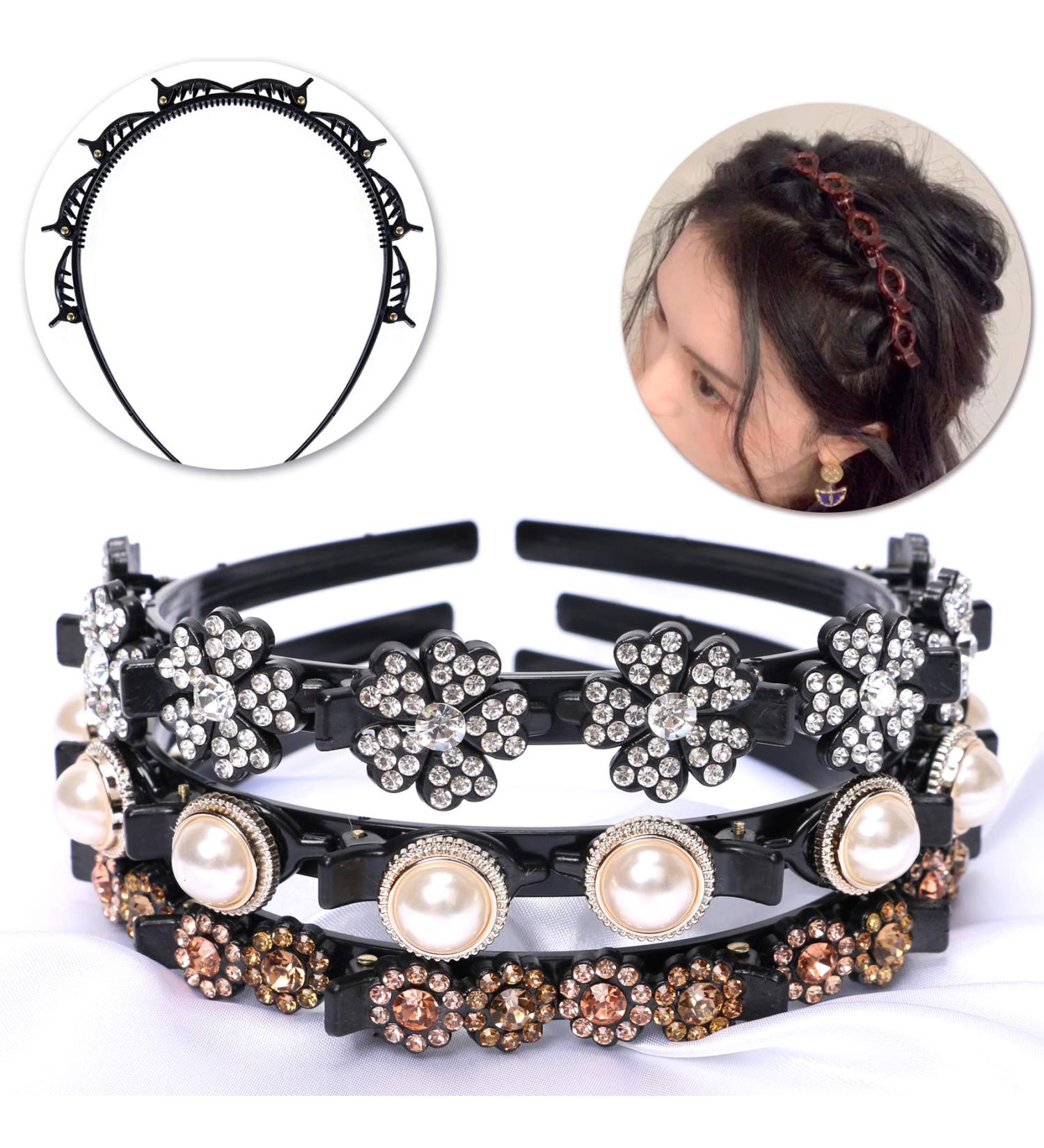 NAISIER 3-Piece Fashion Headband Set for Women and Girls - Double Bangs Hairstyle Hair Accessories with Twist Plait, Braided Design, and Clips - Flower/Pearl Embellishments Included - Buy Online on GoSupps.com