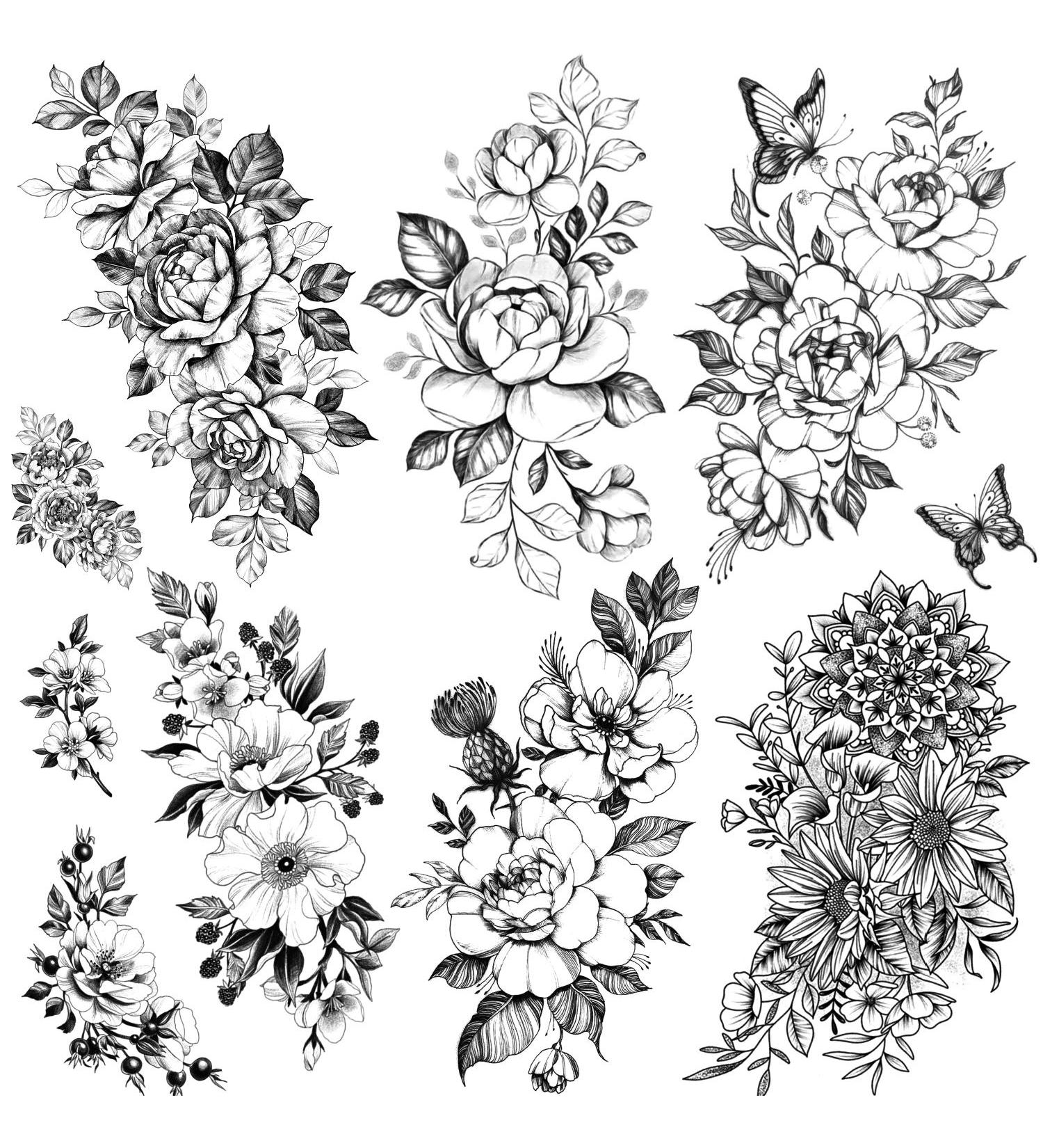 Kotbs 6 Sheets Large Sexy Flower Rose Temporary Tattoos for Women Girls Adults  Body Art Fake Arm Tattoo Stickers  Waterproof Black Floral Tattoo Temporary Chrysanthemum Tatoos Black Flowers HB (6 Sheets)