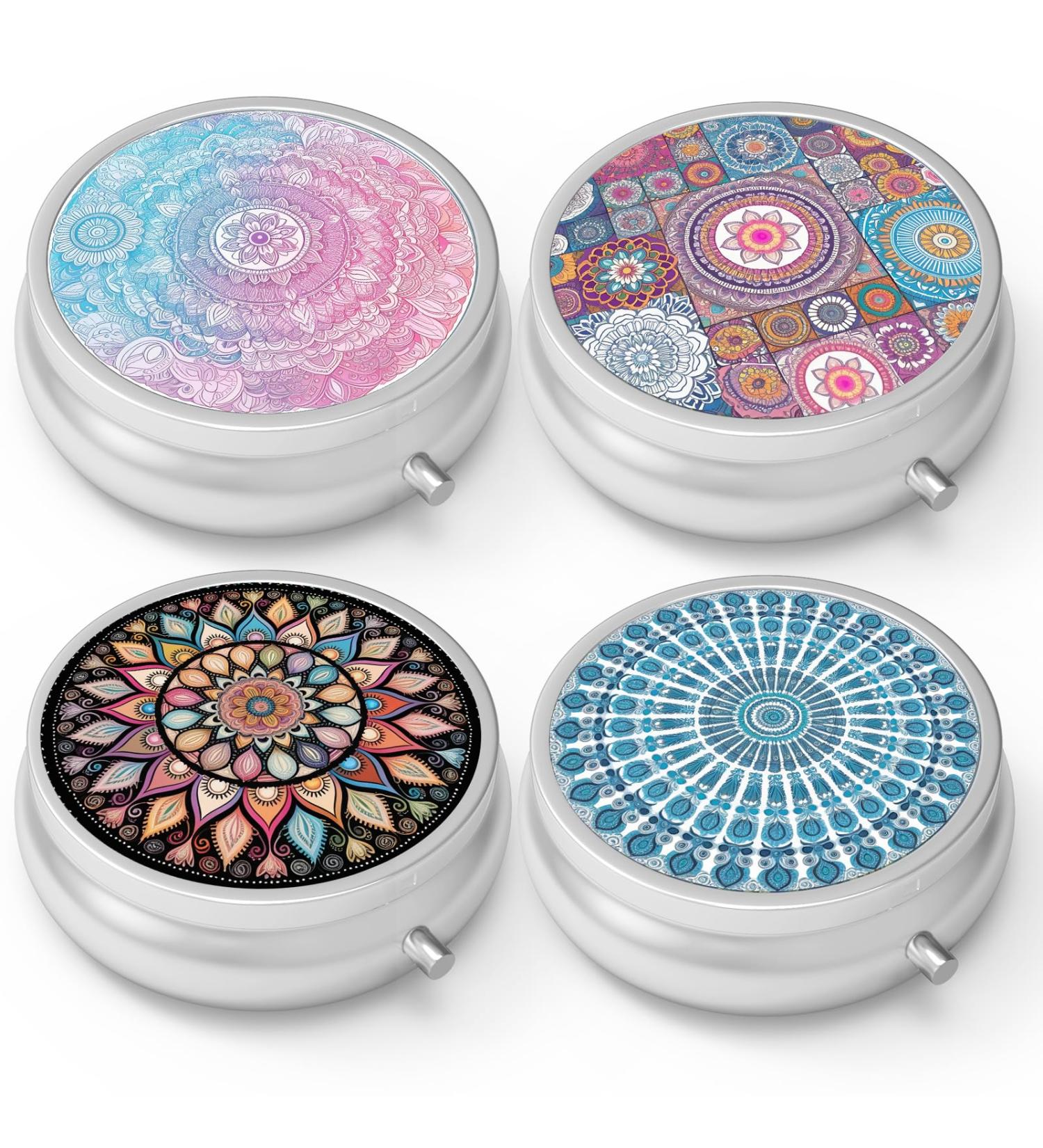 Portable Medicine Pill Organizer Set - 4 Mandala Designs for Travel Vitamins & Tablets | Compact Wallet & Pocket Holder - Buy Online on GoSupps.com