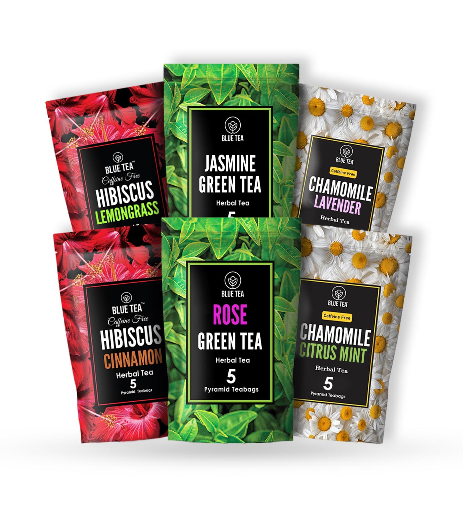 BLUE TEA - Assorted Flower Herbal Sampler Tea Pack (6 Flavors 30 Tea Bags) | Unique Flavors | CAFFEINE FREE | Variety Gifts Pack | Gifts for Her & Him | - Buy Online on GoSupps.com