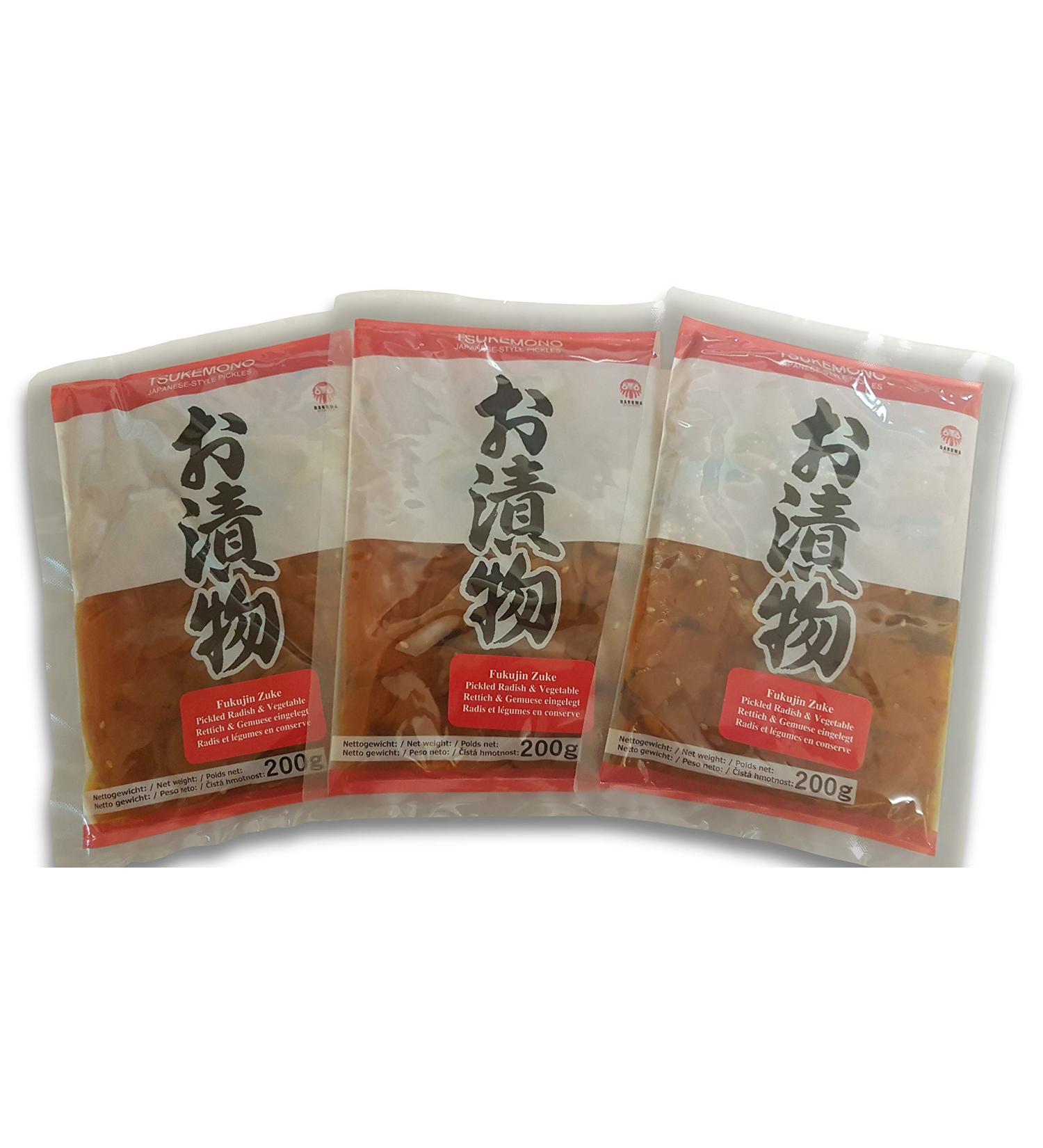 Fukujinzuke Benishouga Beni-Shoga pickled ginger pencils Aokappa cucumbers Shibazuke Tsukemono inserted Japanese vegetables 3 x 200g