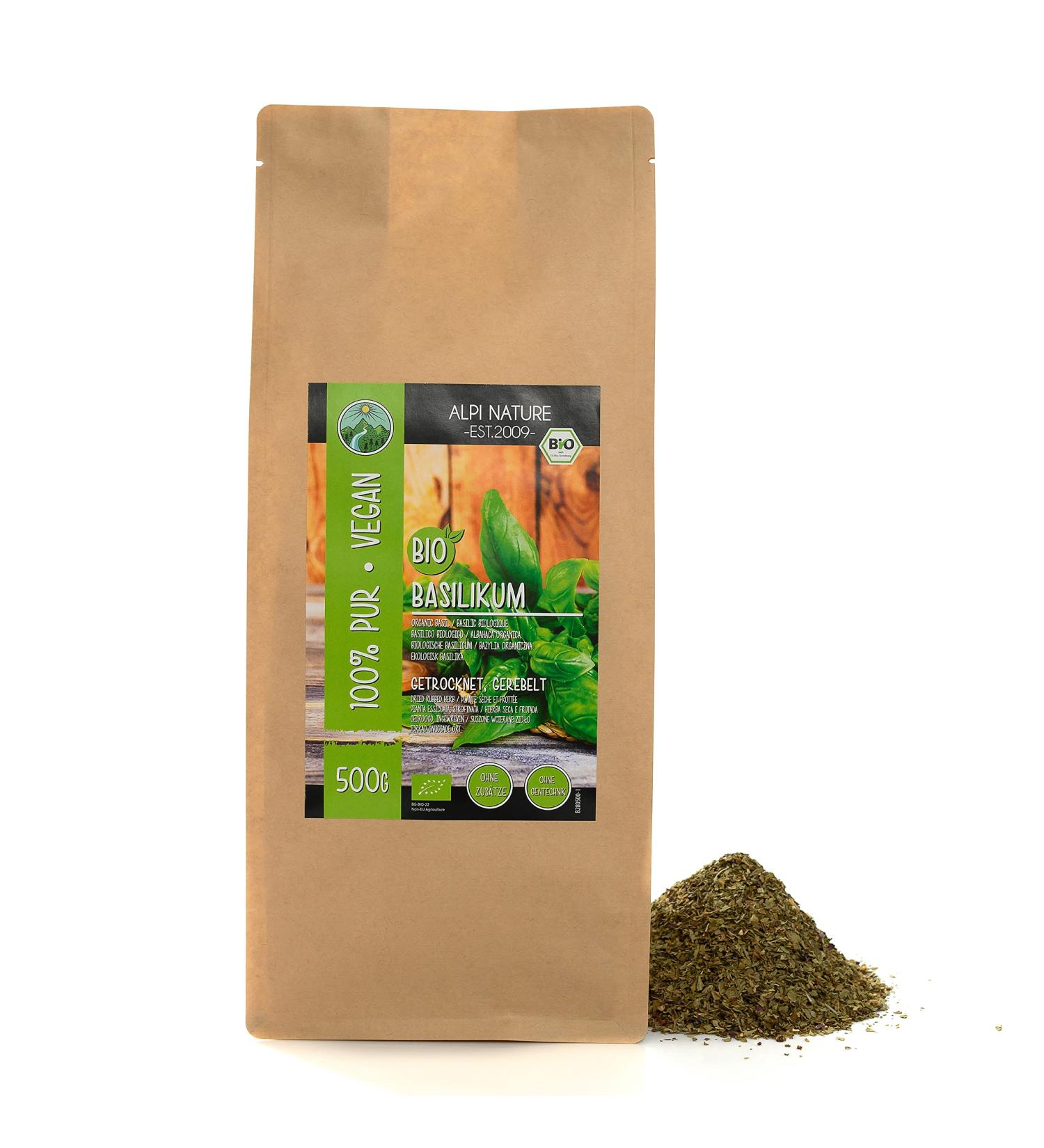 Dried Organic Basil (500g/1.1lb) - Gluten-Free, Lactose-Free, Vegan, 100% Natural - Premium Quality Rubbed Basil from Controlled Organic Cultivation - Laboratory Tested, No Additives - Buy Online on GoSupps.com