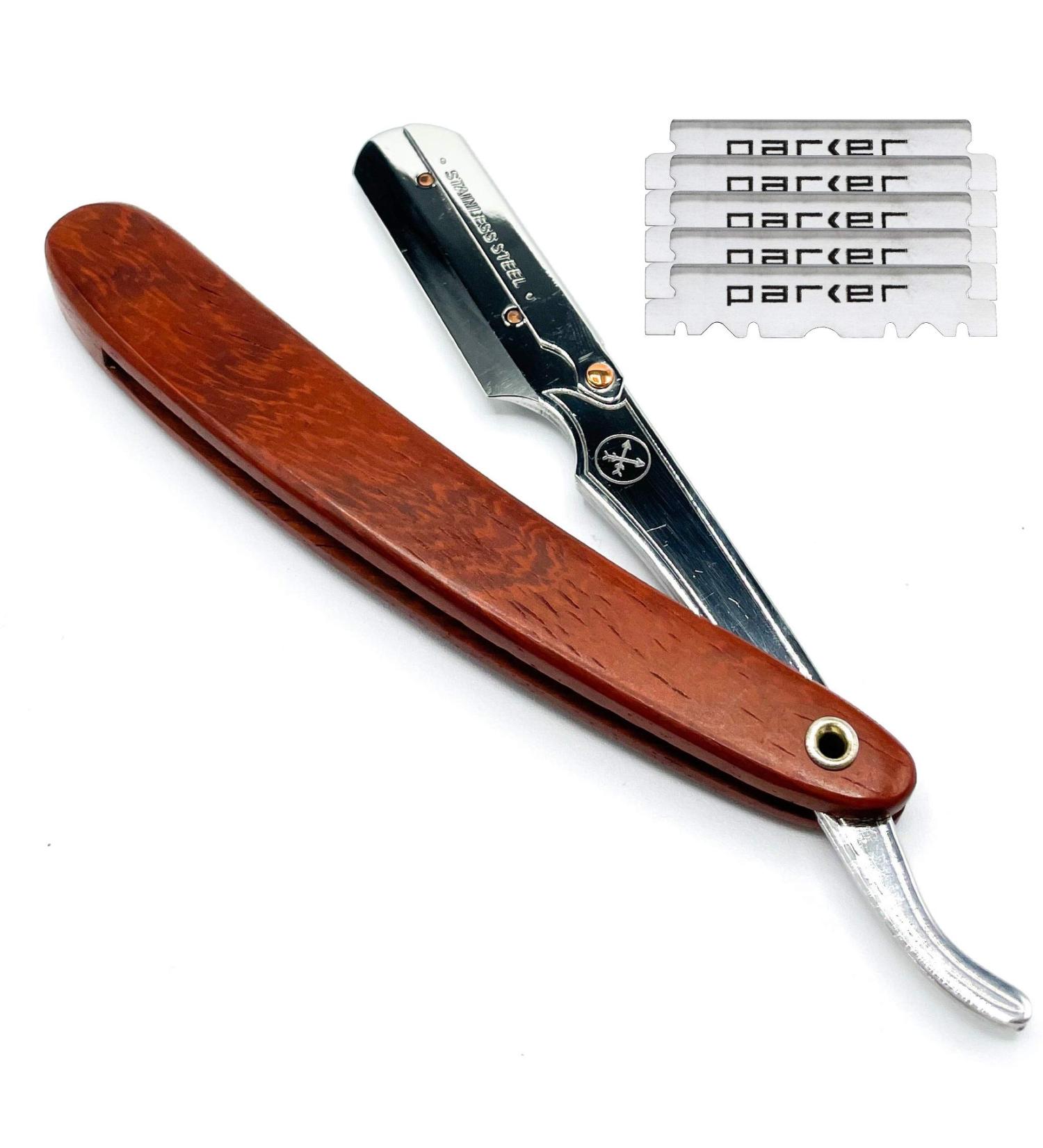Parker SRRW Rosewood Straight Edge Barber Razor | Stainless Steel Blade Arm | 5 Blades Included - Buy Online on GoSupps.com