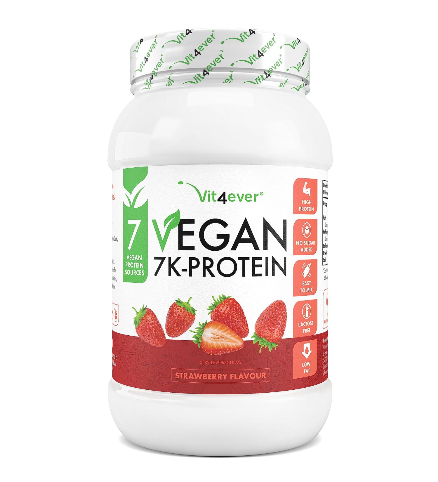 Vegan 7k Protein Powder 1kg - Strawberry Pure Plant-Based Protein Blend with Rice Almond Soy Peas Hemp Cranberry & Sunflower - Buy Online on GoSupps.com