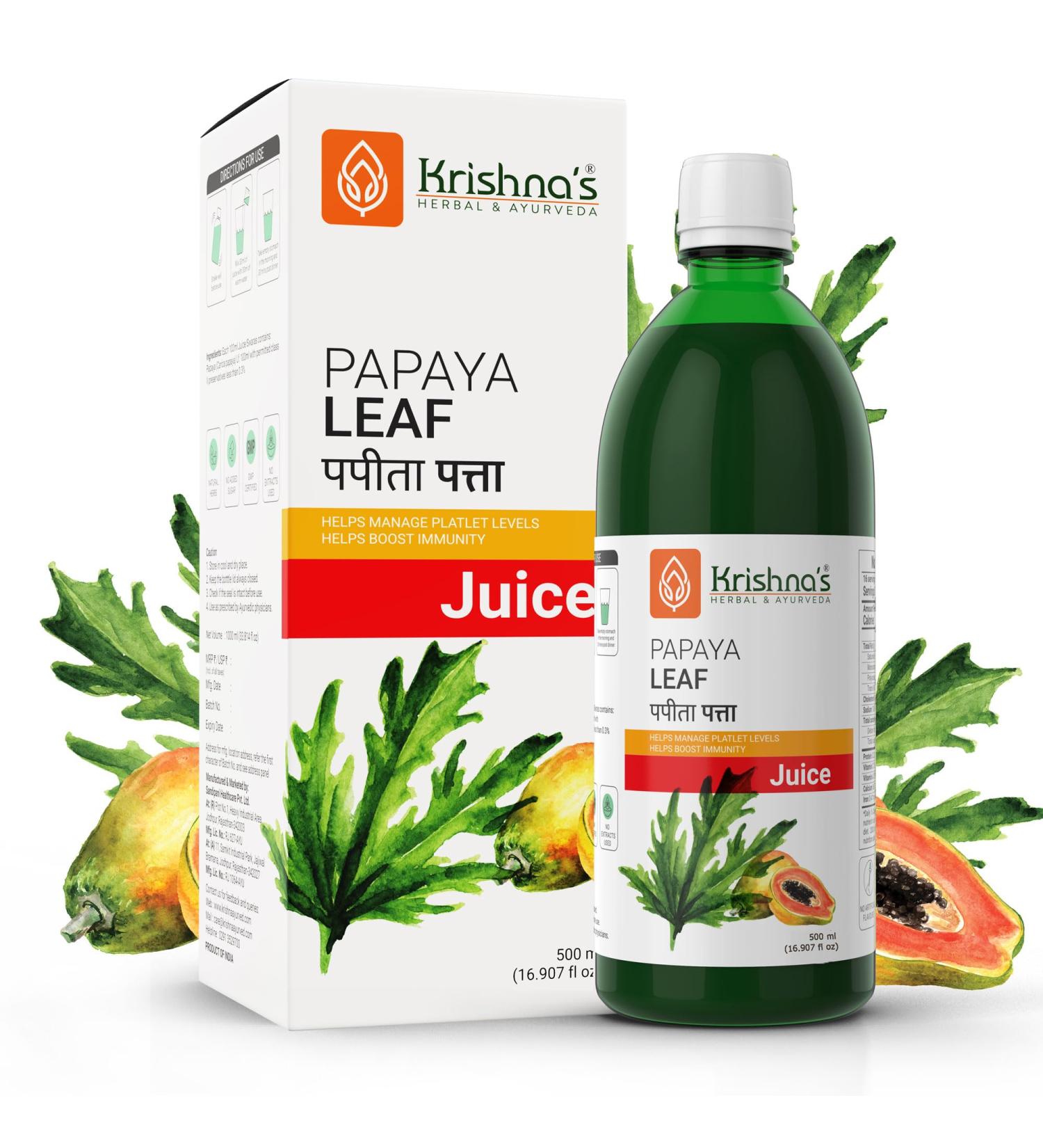 Krishna's Herbal & Ayurveda Papaya Jus de feuilles 500 ml (1 pi ce) 500 ml (Lot de 1) - Buy Online on GoSupps.com