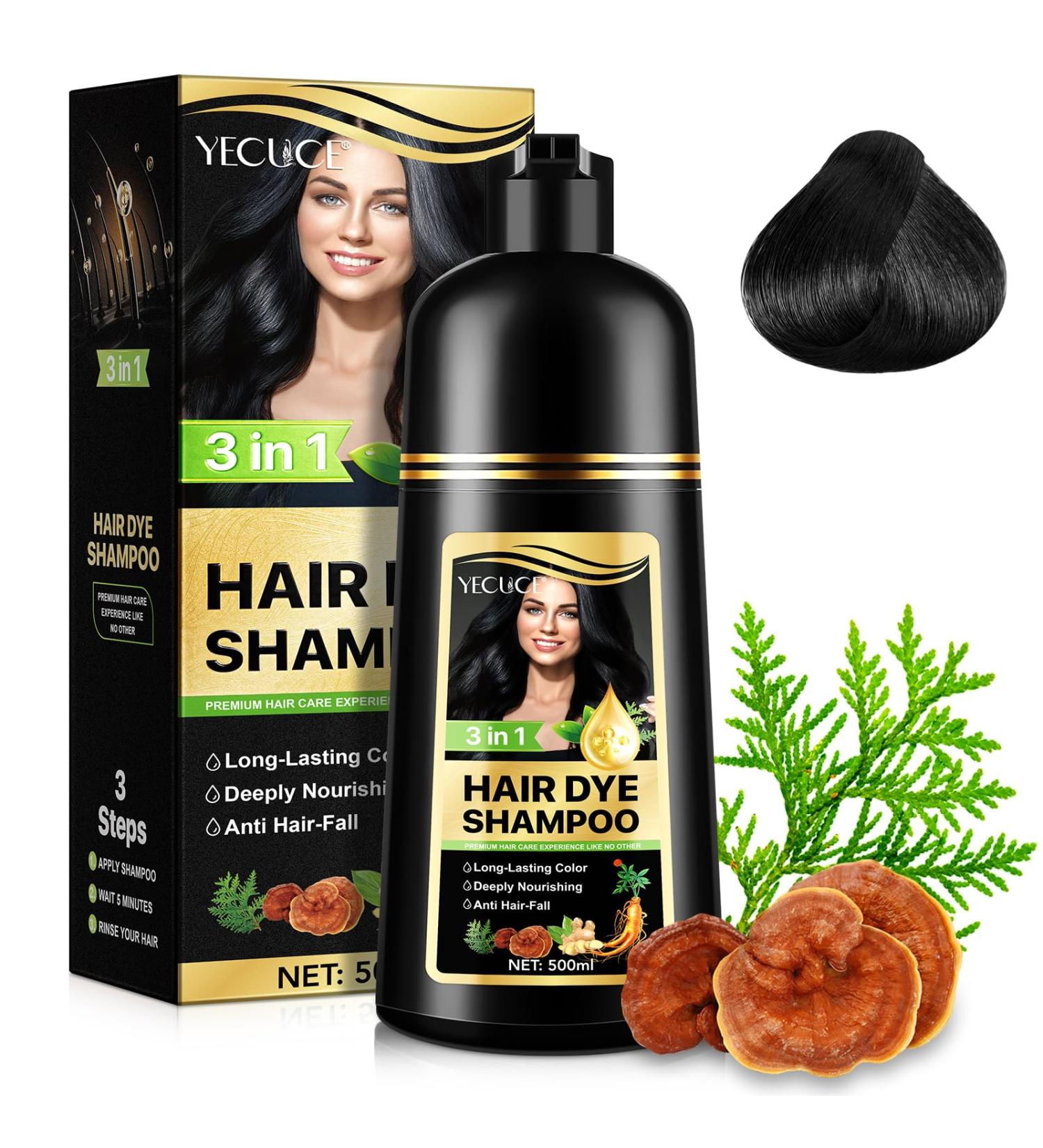 Black Hair Dye Shampoo 3 in1 Hair Color Shampoo for Gray Hair Coverage for Women & Men Natural Herbal Plant Semi Permanent Grey Hair Cover Treated 500ml
