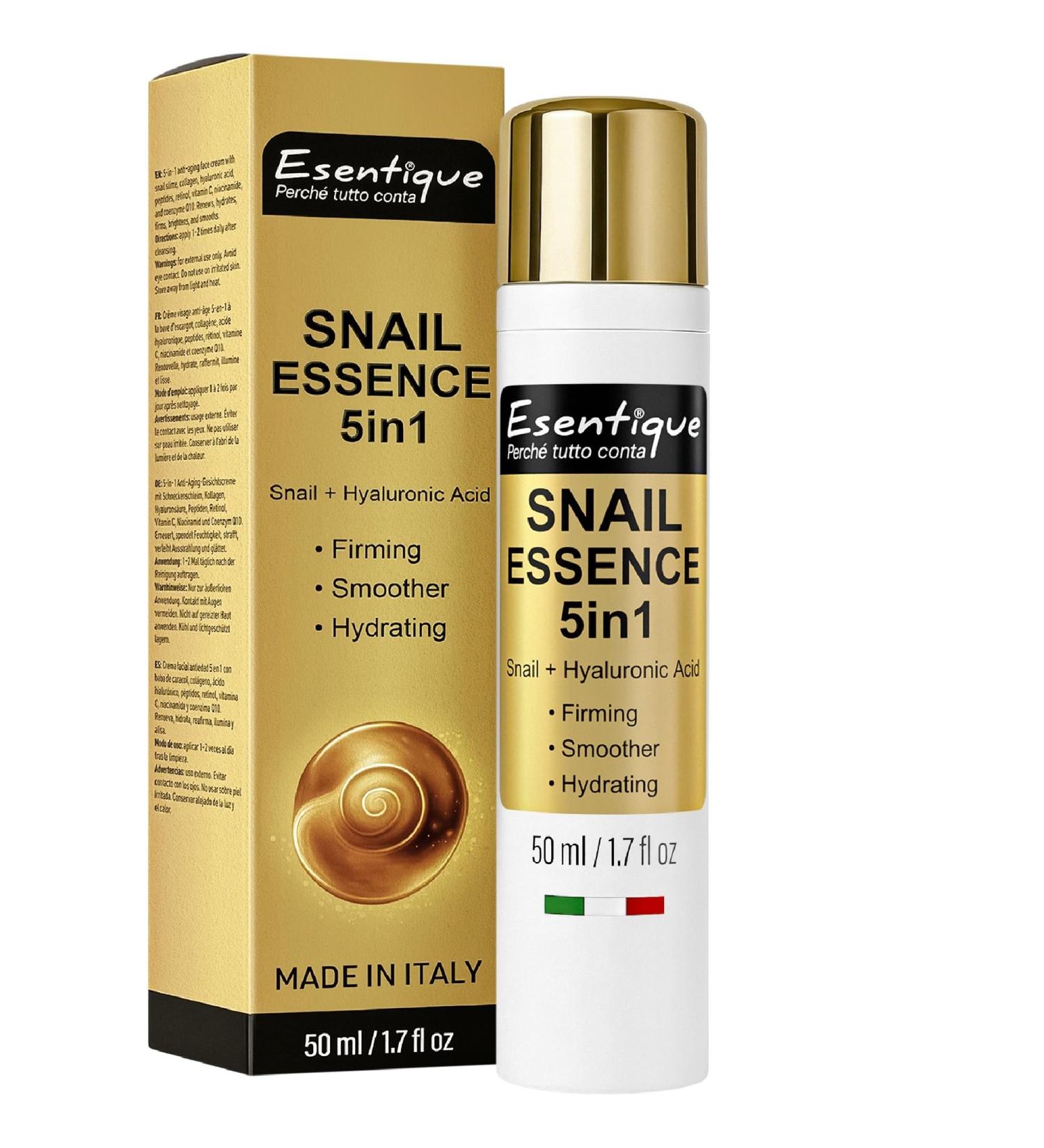  Esentique Snail Essence 5in1 - Anti-Ageing Face Cream with Snail Drop Hyaluronic Acid Collagen Ceramides and Peptides - Moisturizing Toning Regenerating - Made in Italy - 50 ml - Buy Online on GoSupps.com