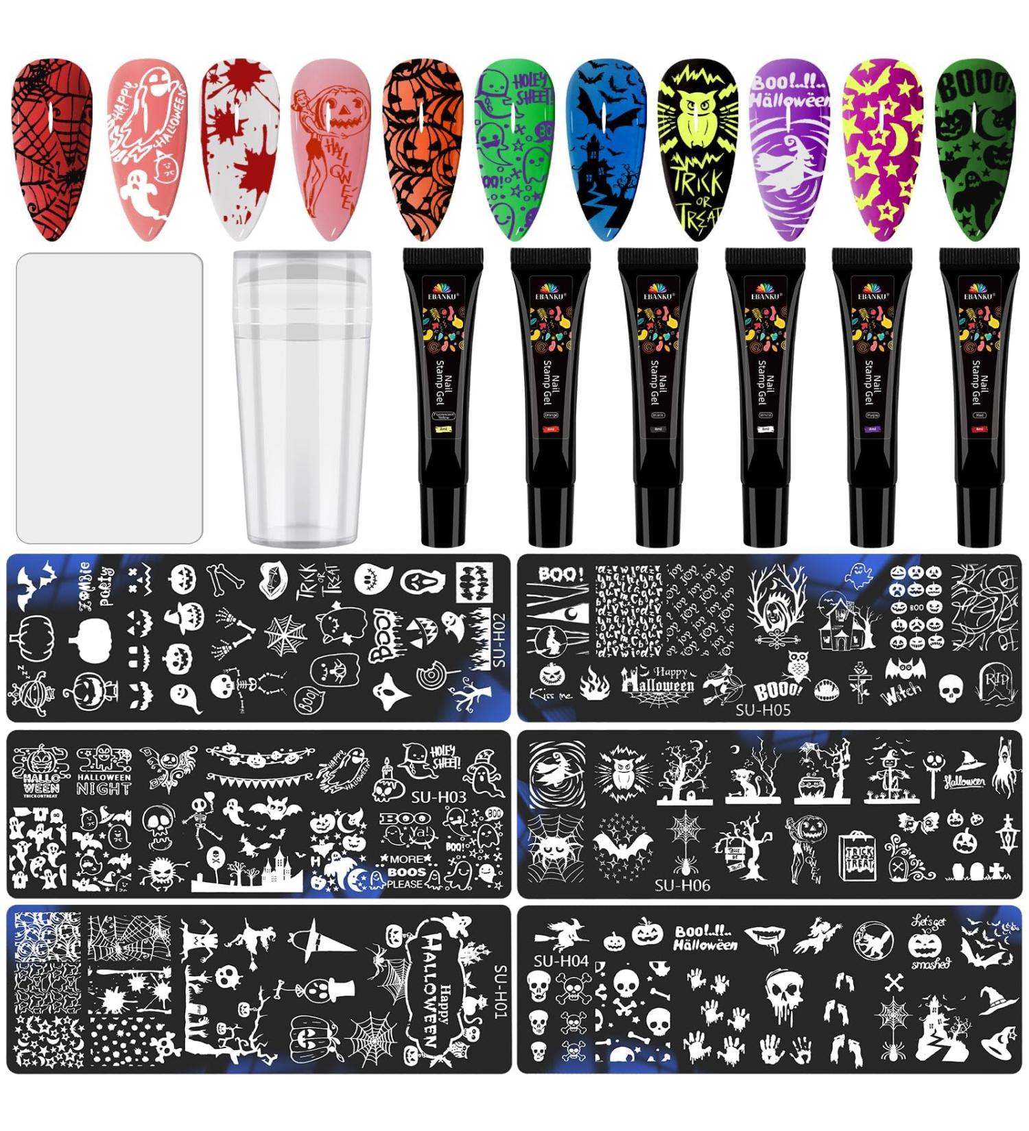 EBANKU Halloween Nail Stamper Kit - 6 Nail Art Stamping Plates & 6 Colors Polish - Pumpkin Skull Bat Witch Stencils for DIY Nail Decoration - Buy Online on GoSupps.com